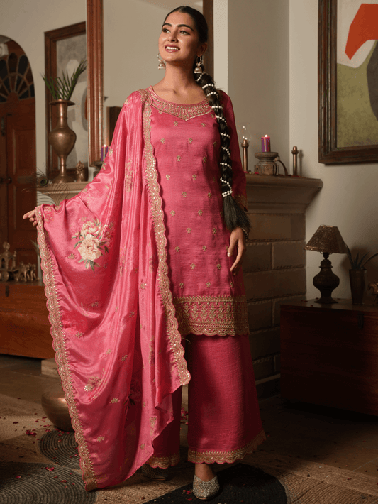 Embroidered Chiffon Floral Coral Dupatta