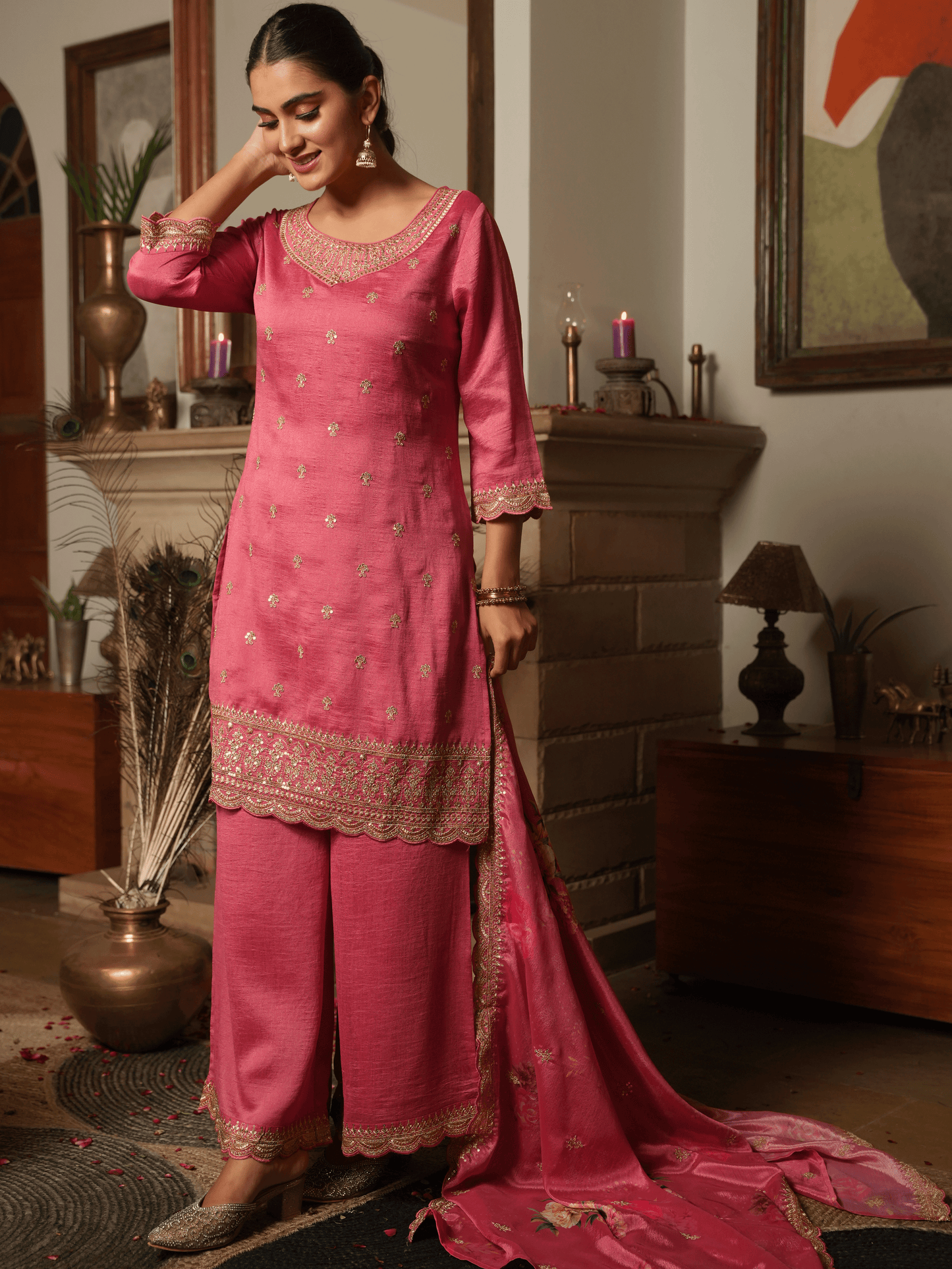 Embroidered Chiffon Floral Coral Dupatta