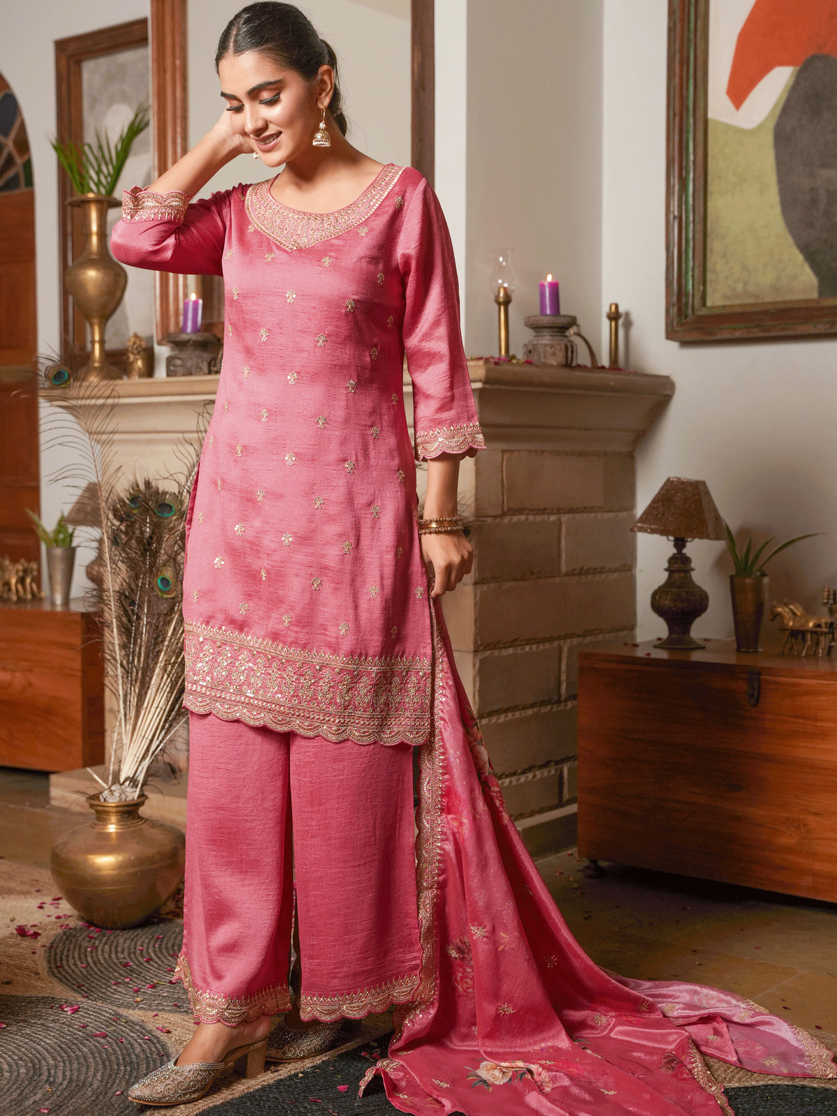 Embroidered Chinon Chiffon Floral Coral Dupatta