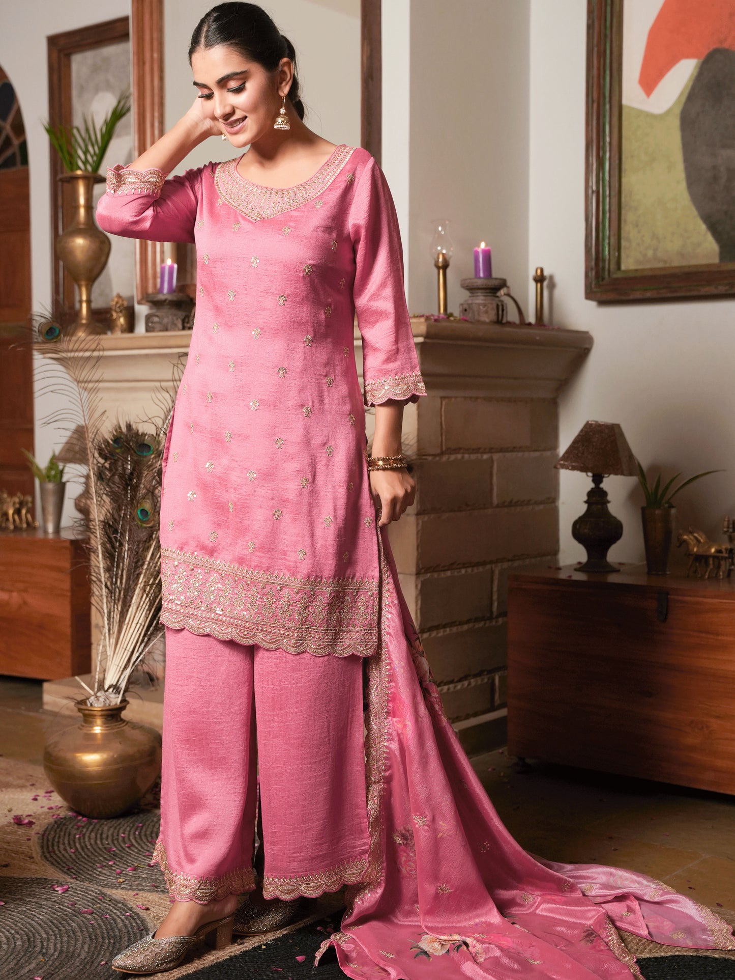 Embroidered Blended Silk Coral Kurta
