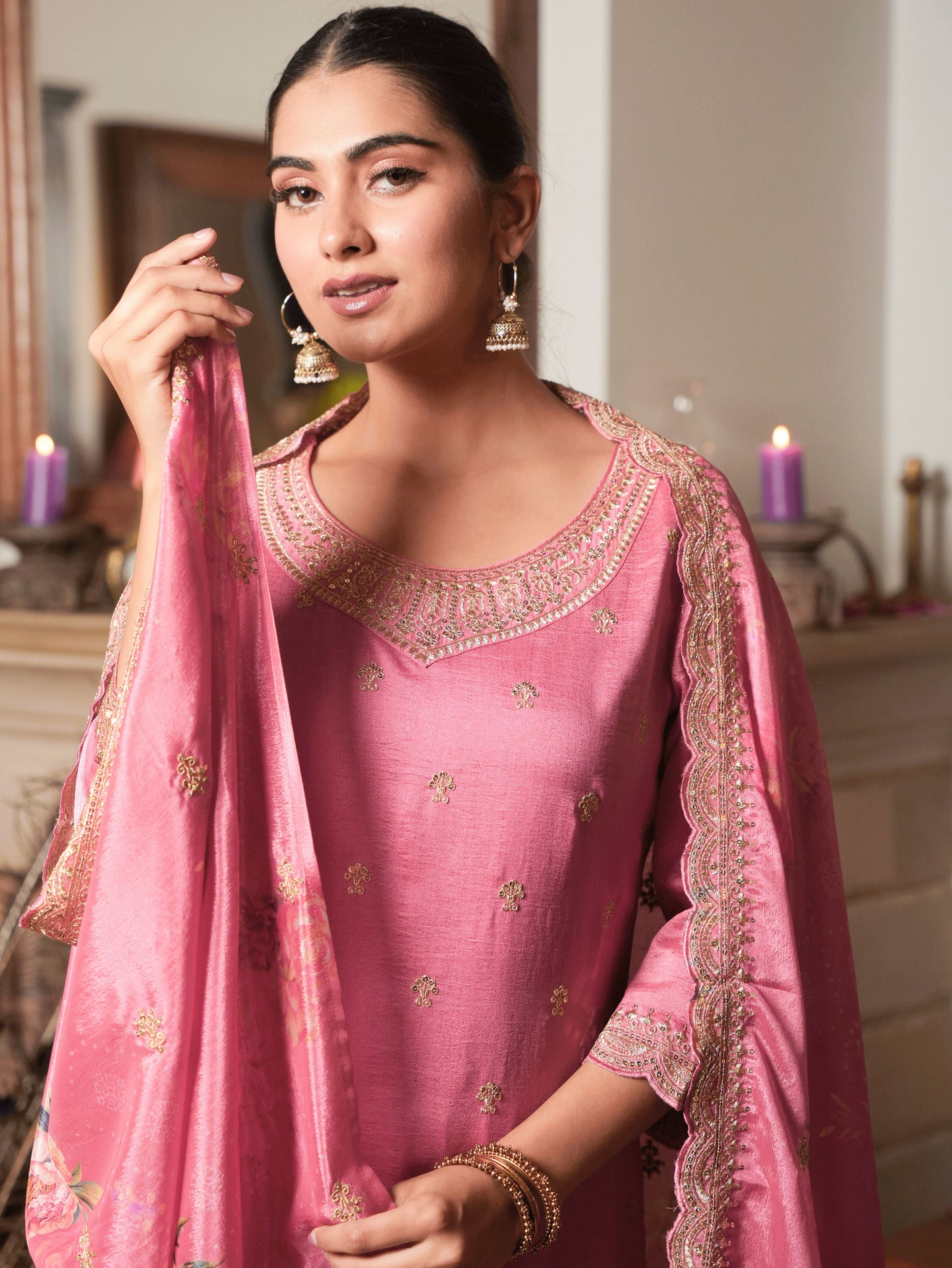Embroidered Blended Silk Coral Kurta