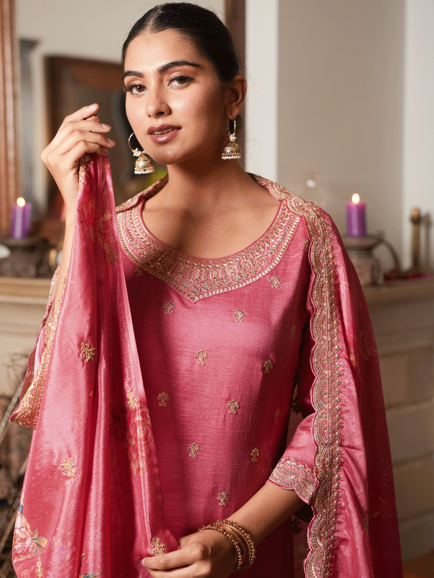 Embroidered Blended Silk Coral Kurta