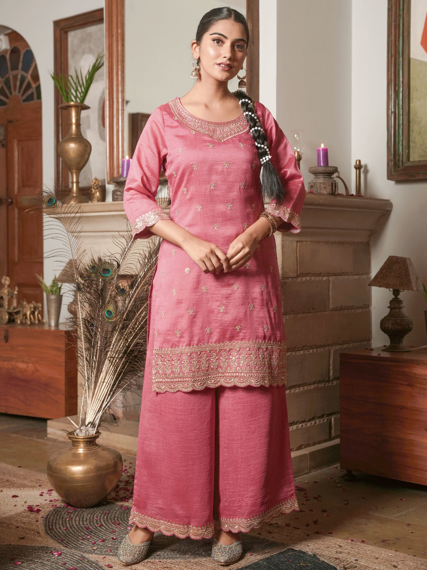 Embroidered Blended Silk Coral Kurta
