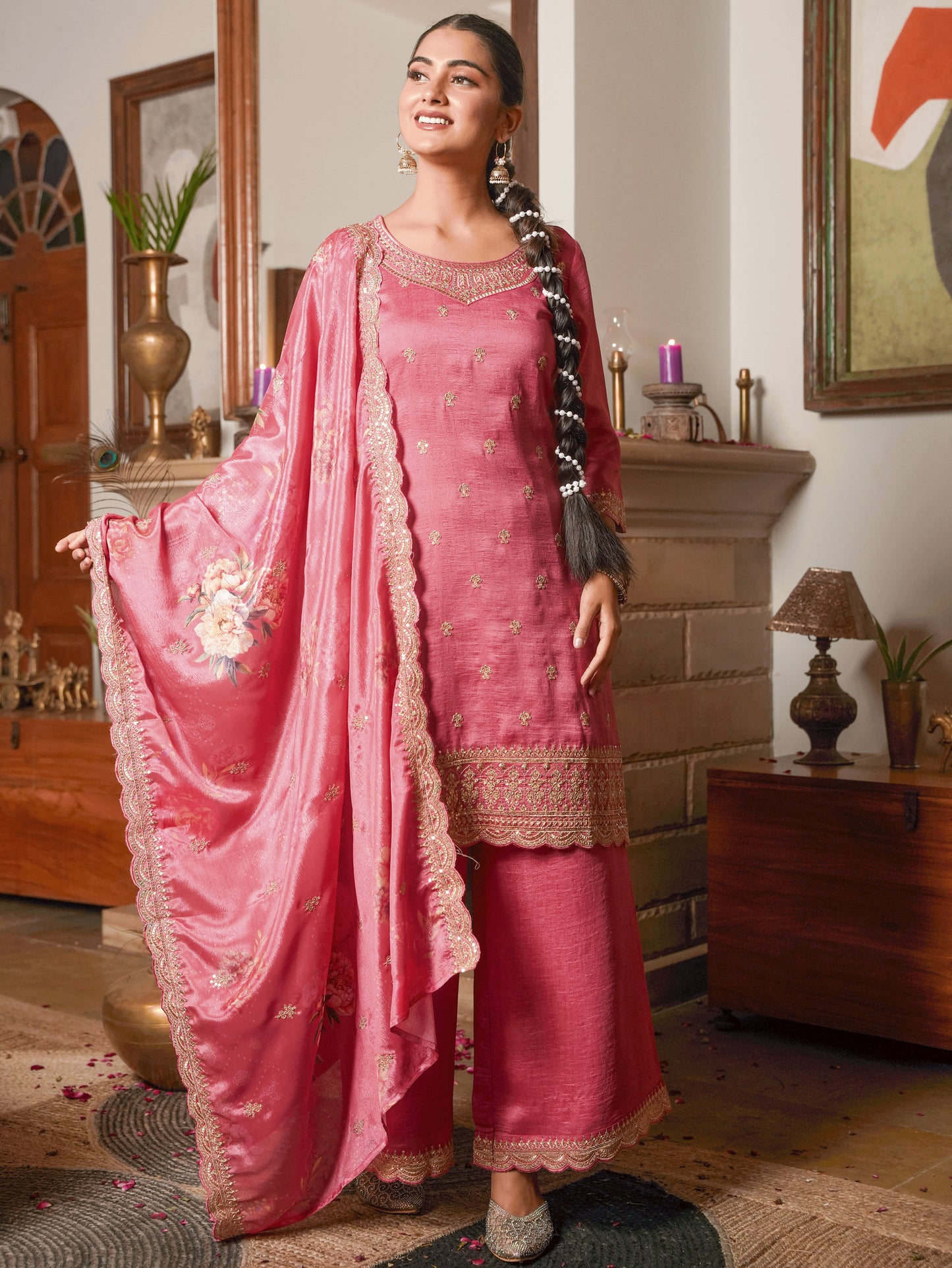 Embroidered Chiffon Floral Coral Dupatta
