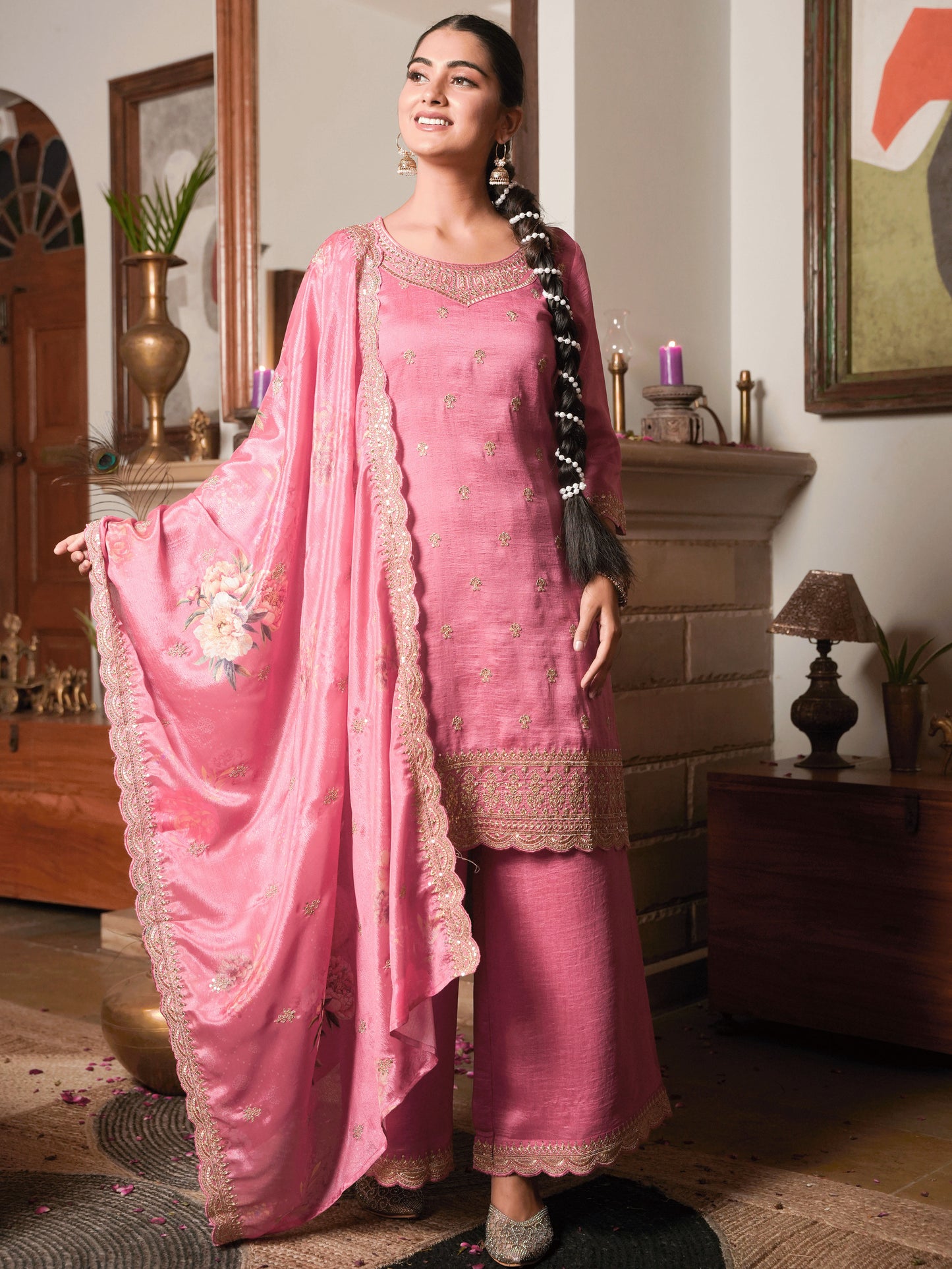 Embroidered Blended Silk Coral Kurta
