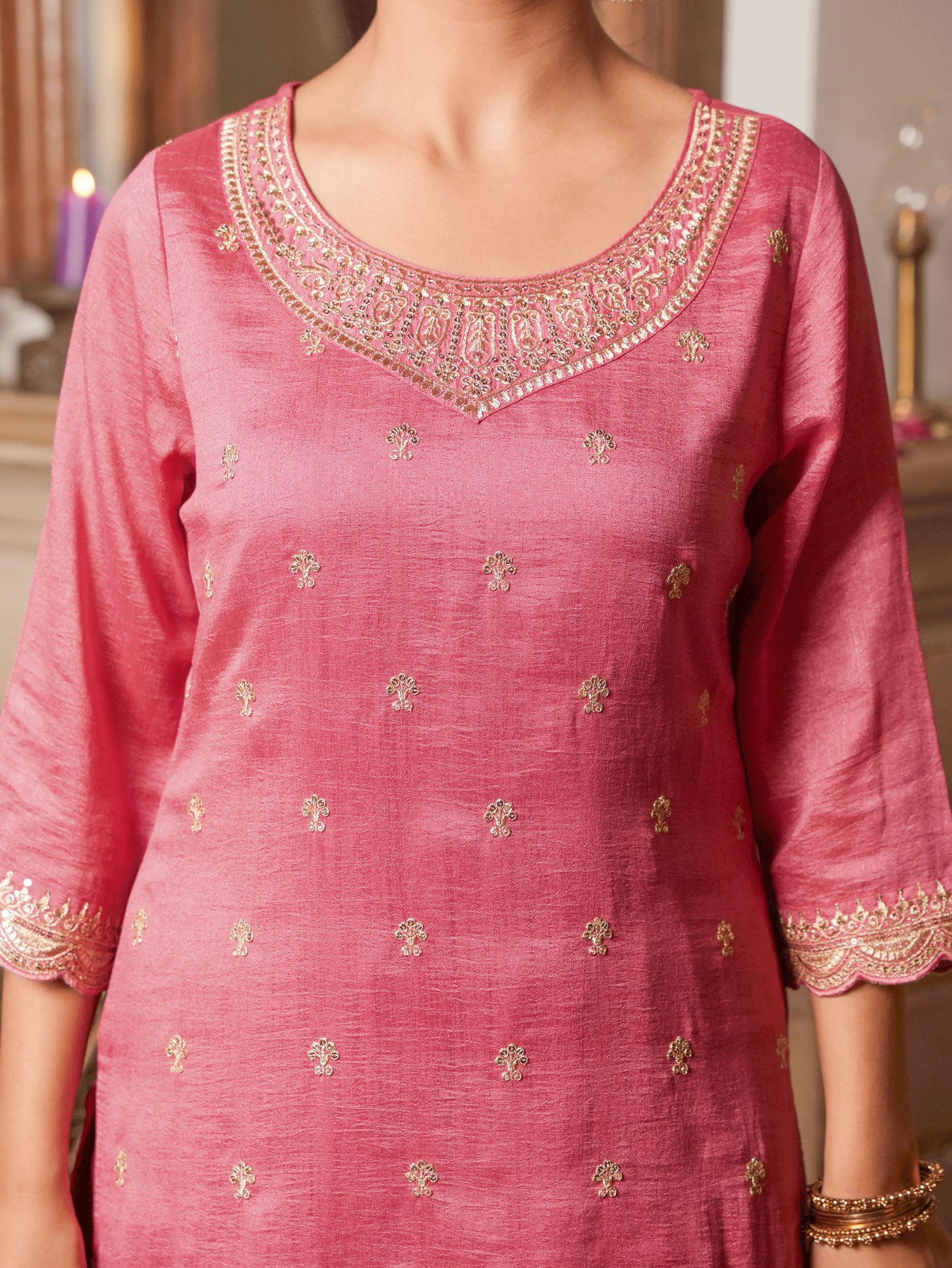 Embroidered Blended Silk Coral Kurta
