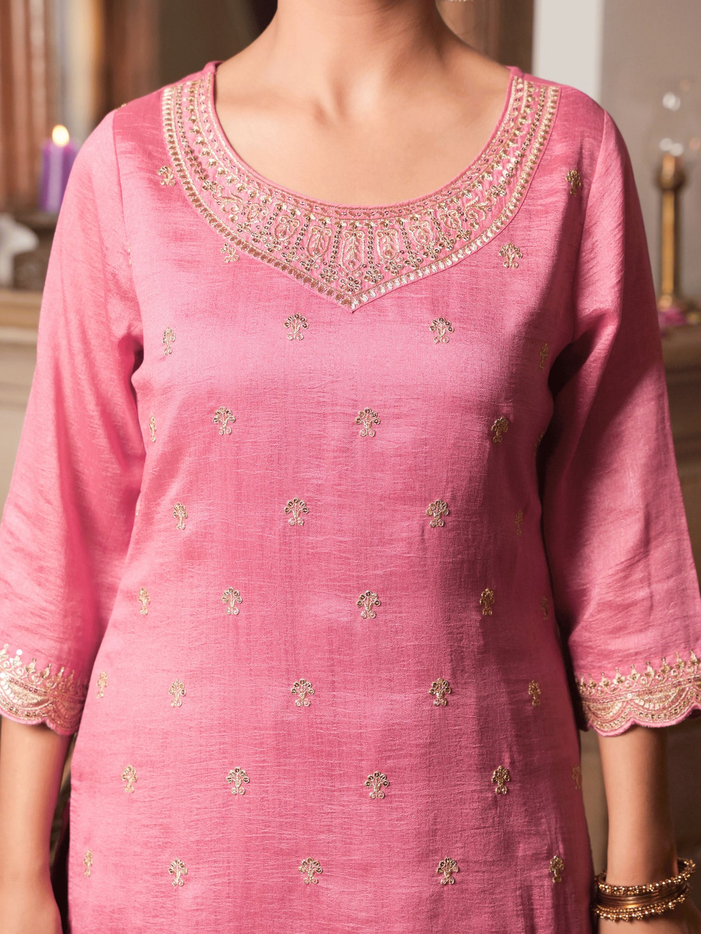 Embroidered Blended Silk Coral Kurta