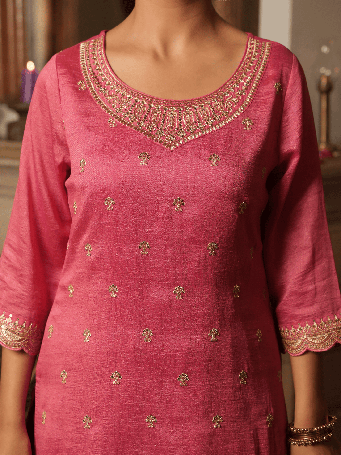 Embroidered Poly Silk Coral Kurta