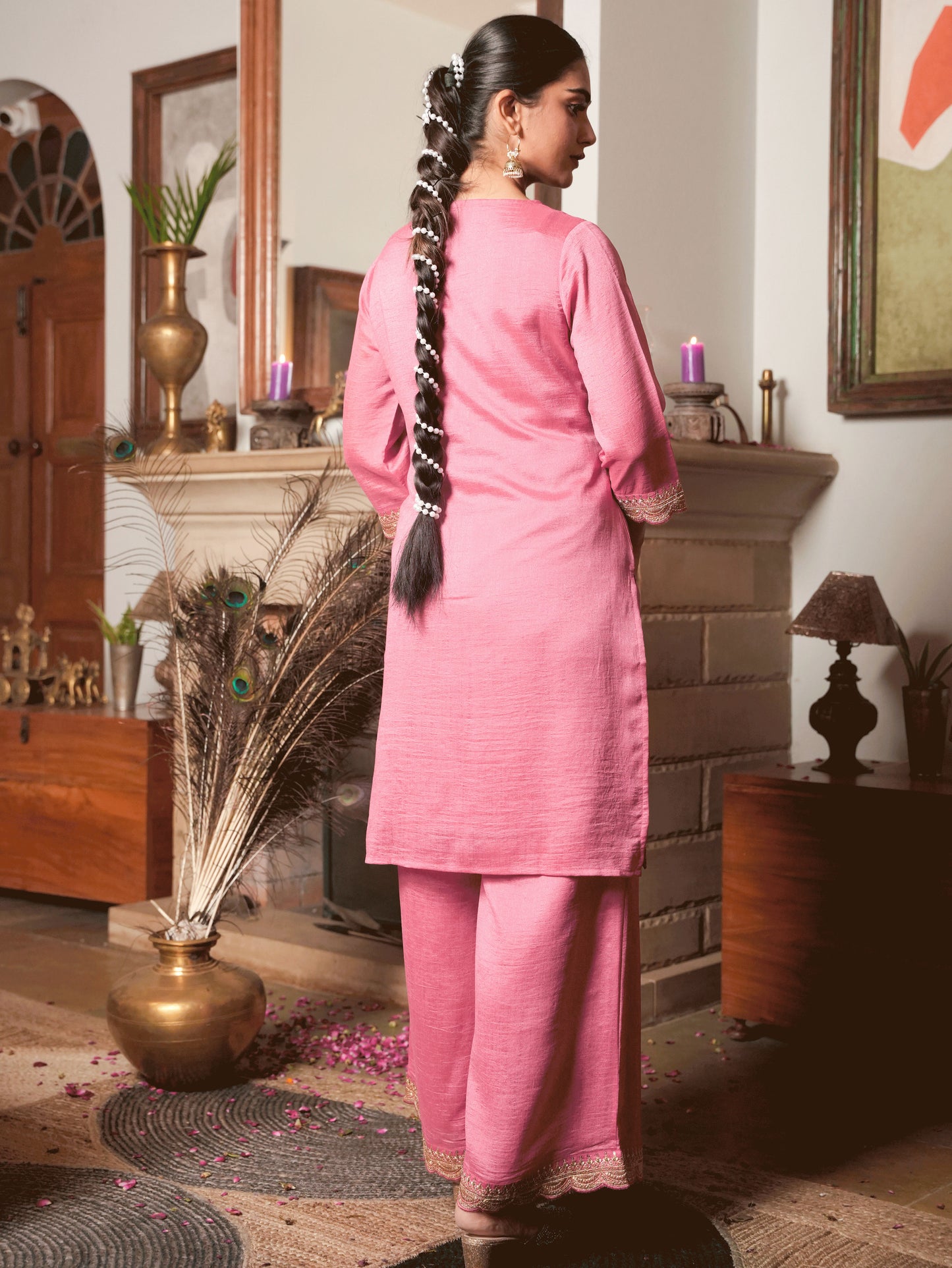 Embroidered Blended Silk Coral Kurta