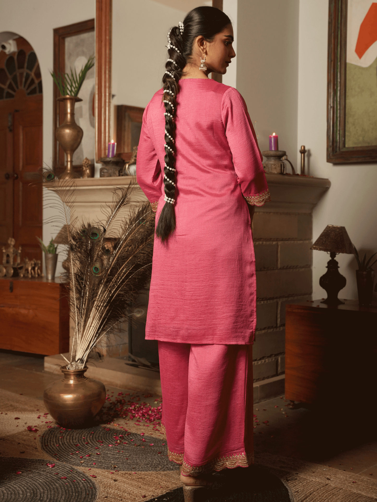 Embroidered Poly Silk Coral Kurta