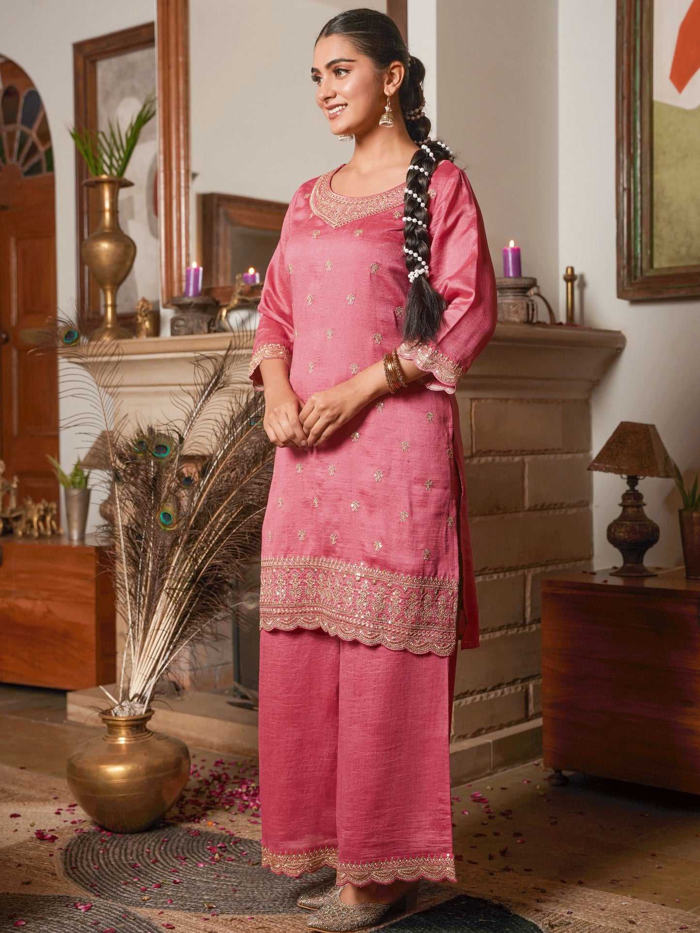 Embroidered Blended Silk Coral Kurta