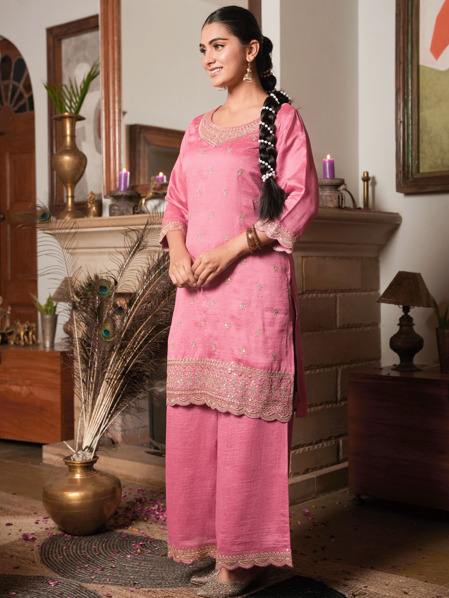 Embroidered Blended Silk Coral Kurta