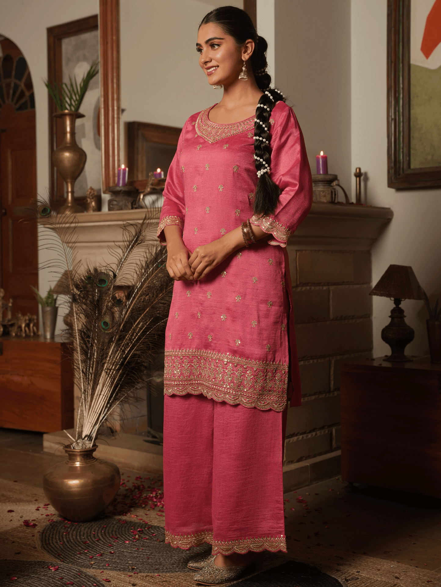 Embroidered Poly Silk Coral Kurta