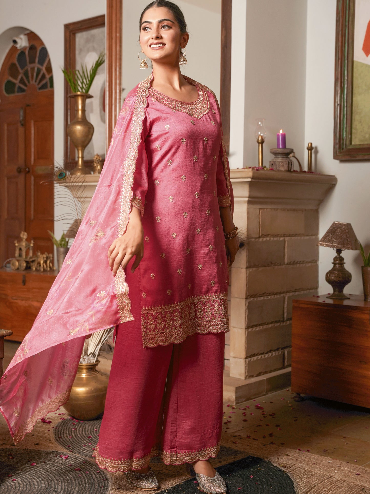 Embroidered Chiffon Floral Coral Dupatta