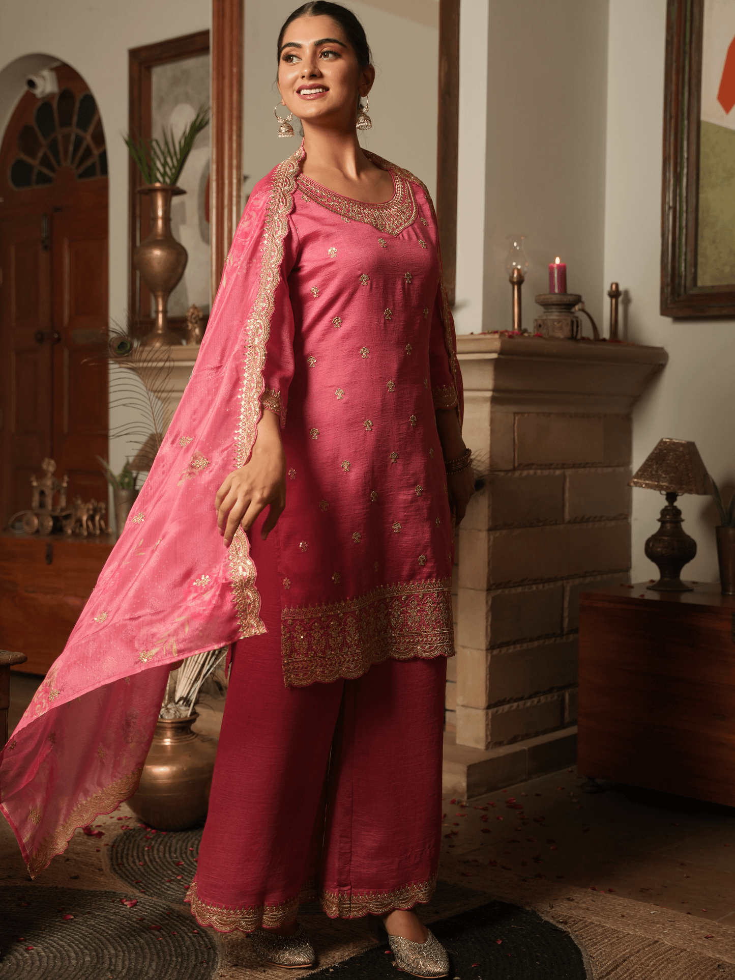 Embroidered Poly Silk Coral Kurta