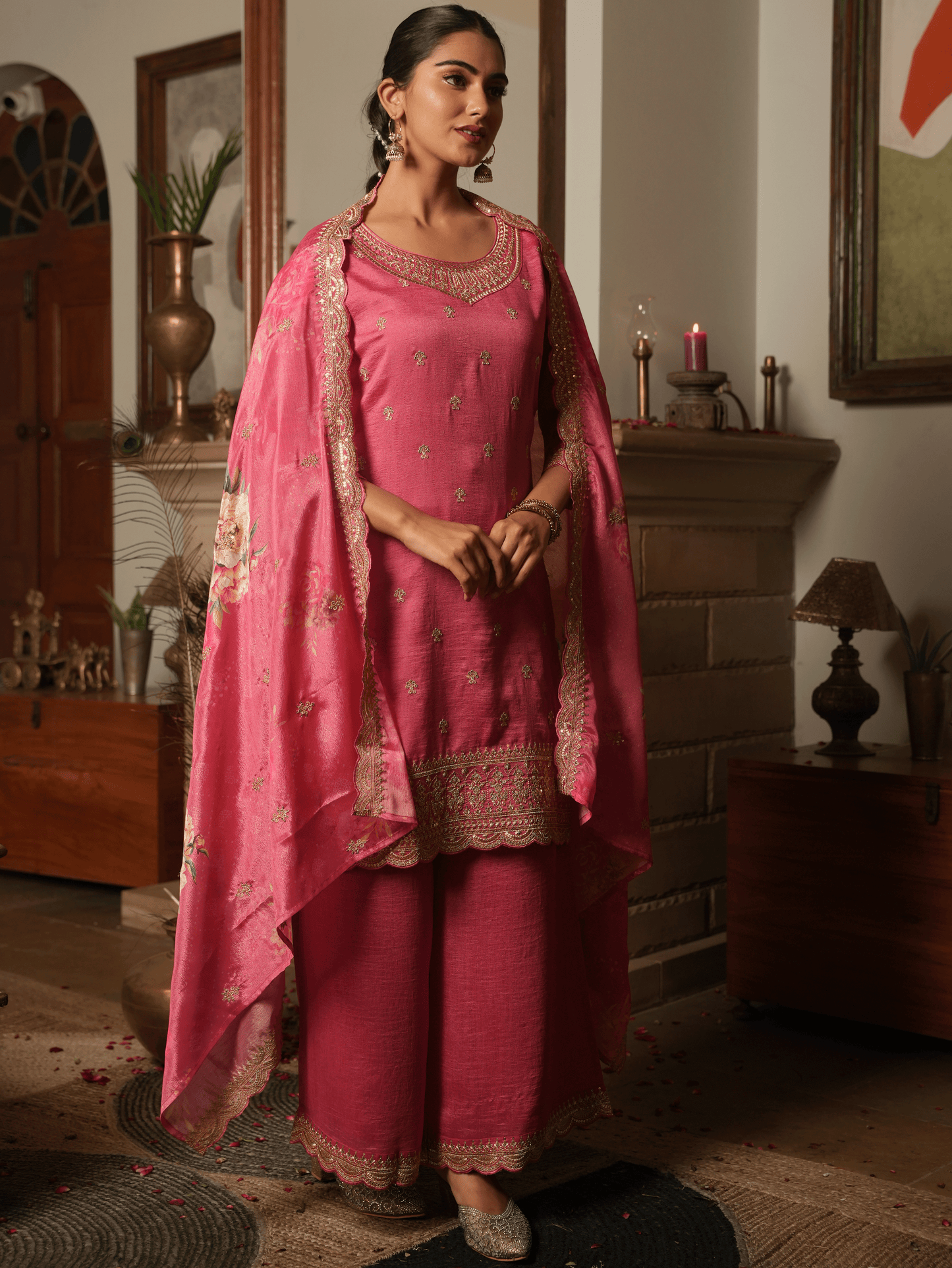 Embroidered Poly Silk Coral Kurta