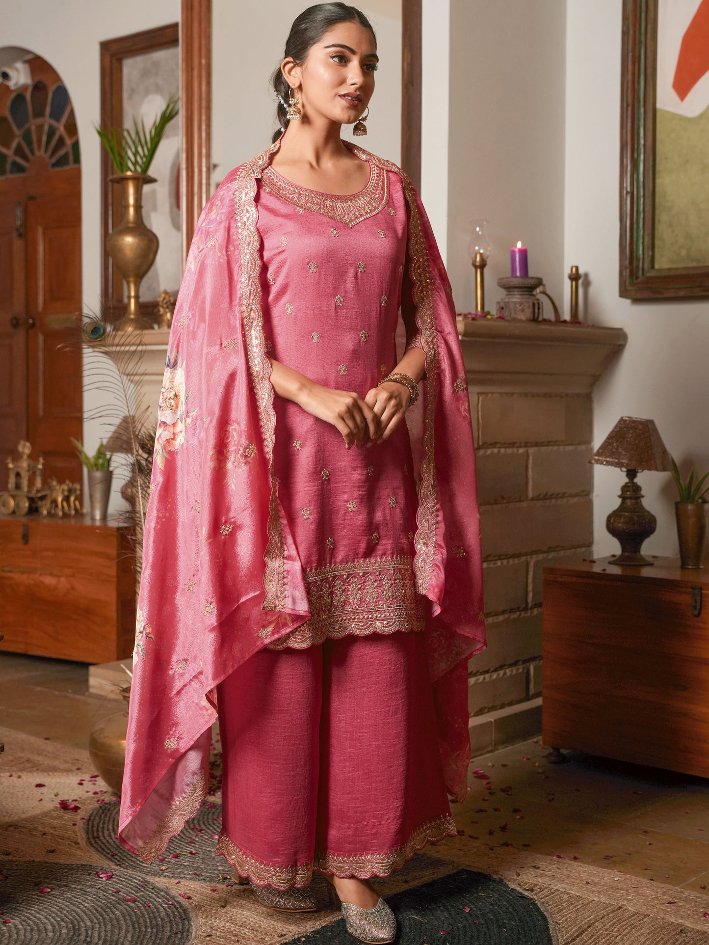 Embroidered Blended Silk Coral Kurta
