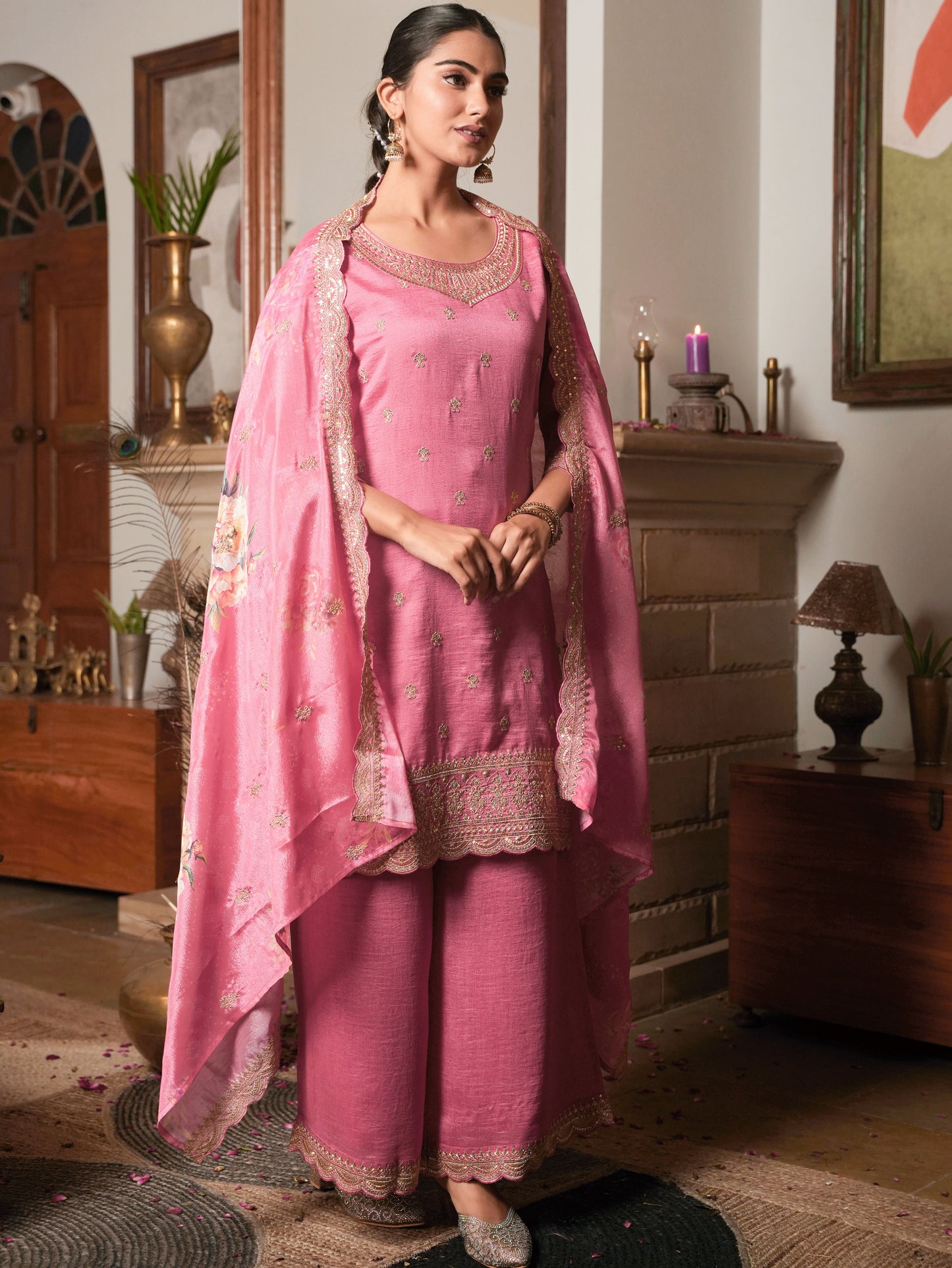 Embroidered Blended Silk Coral Kurta