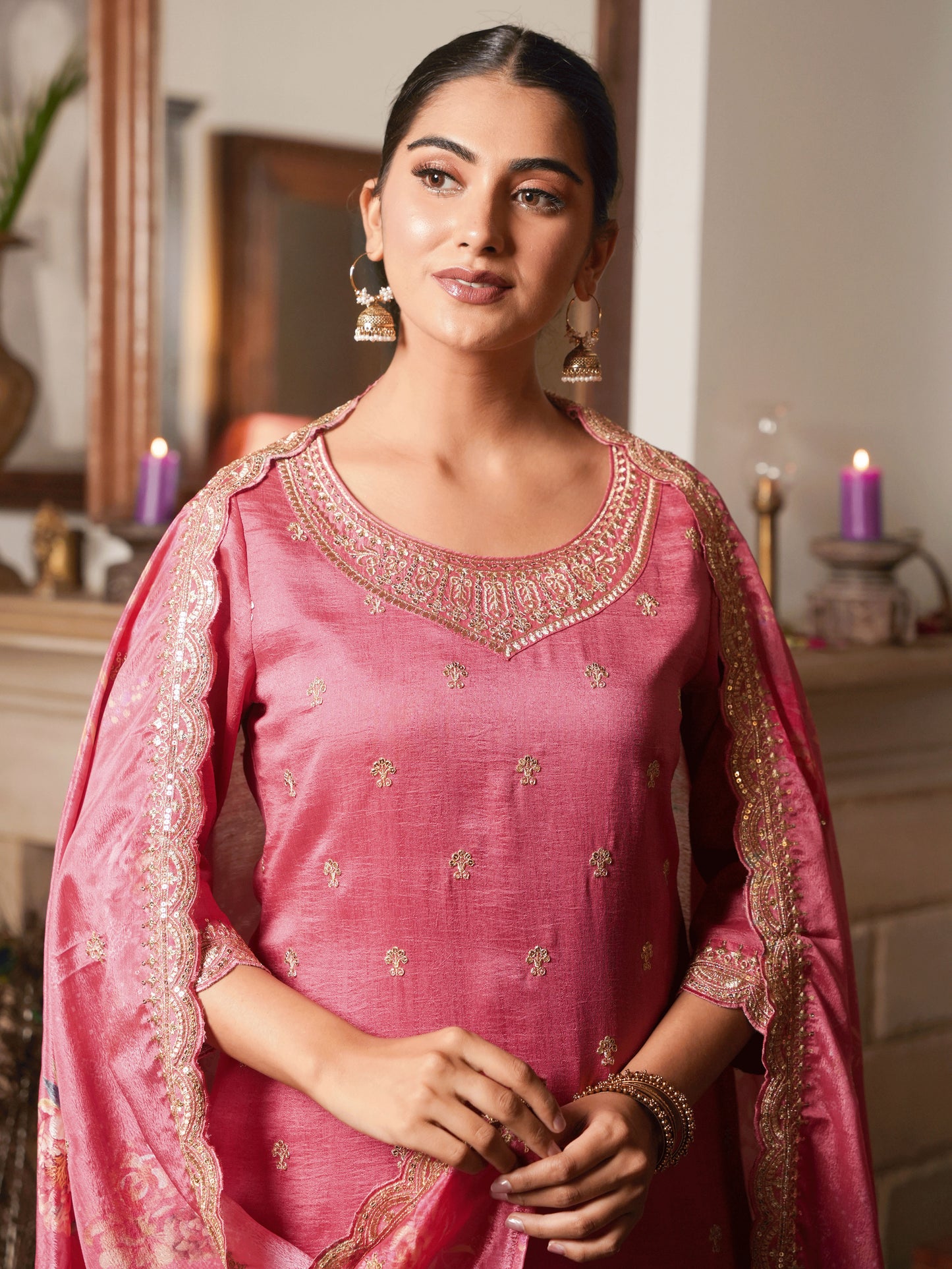 Embroidered Blended Silk Coral Kurta