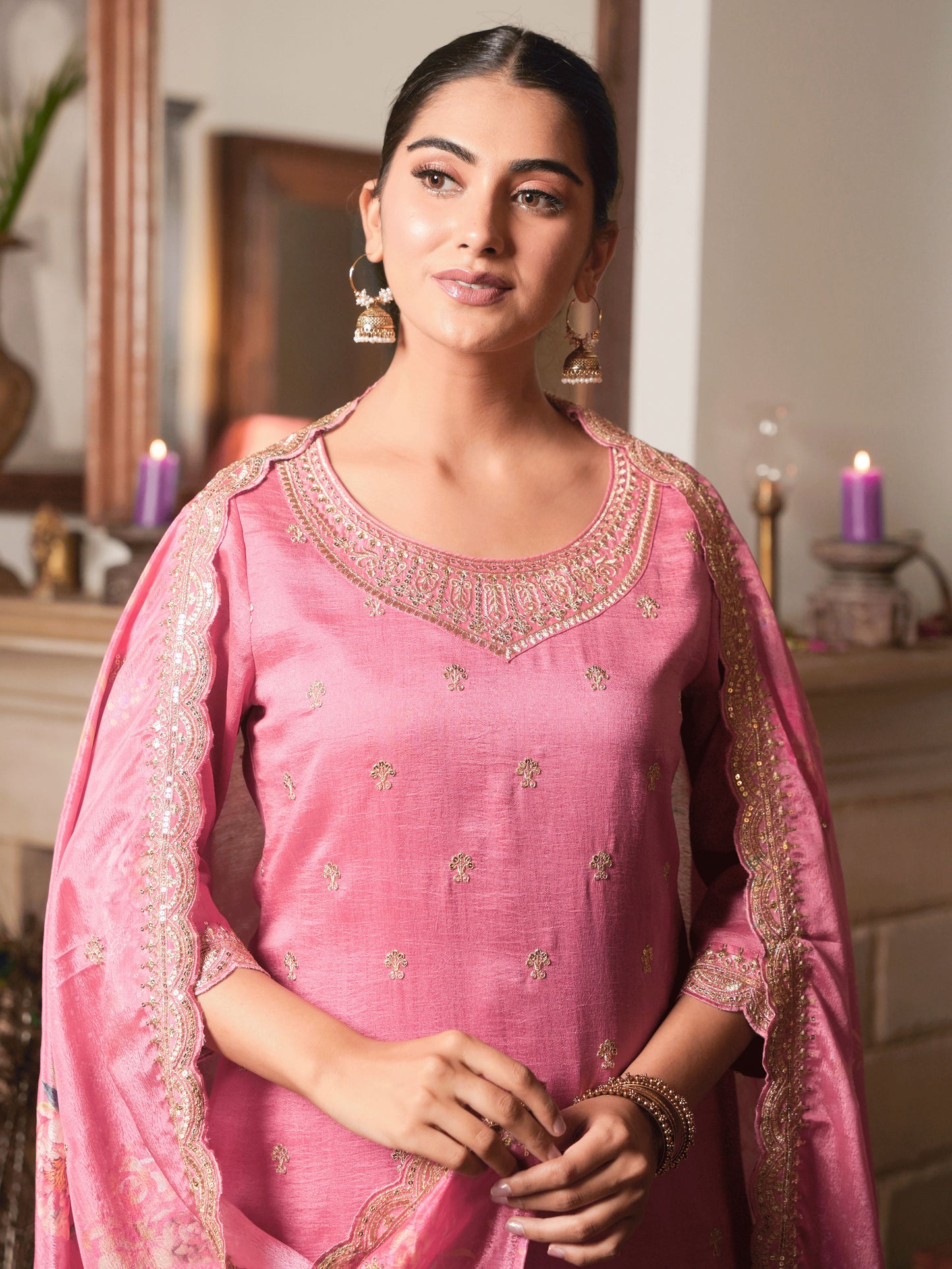 Embroidered Blended Silk Coral Kurta