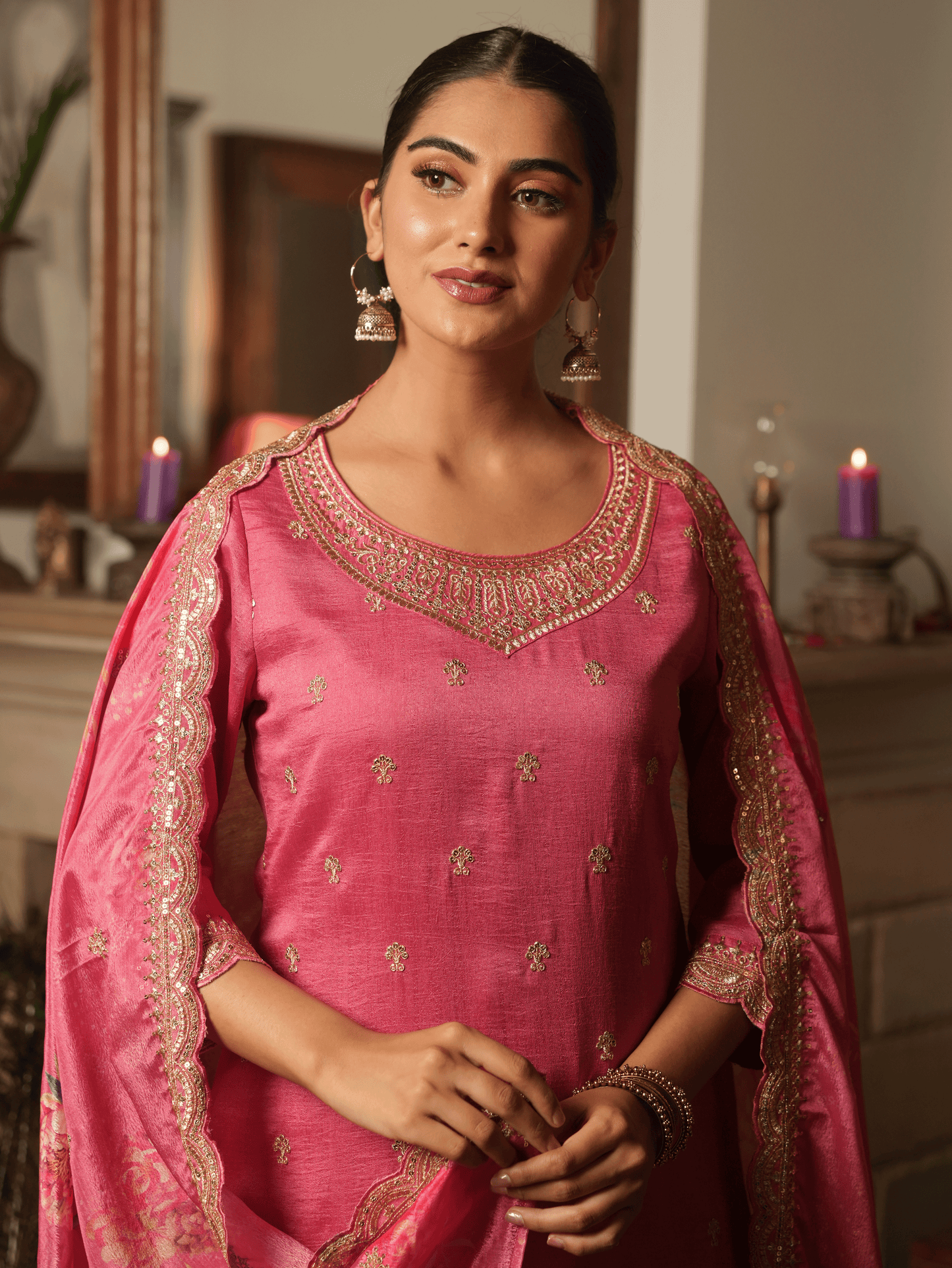 Embroidered Poly Silk Coral Kurta