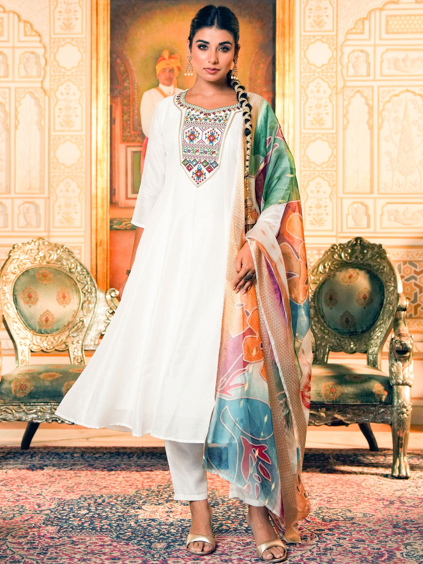 Embroidered Blended Silk Solid Straight White Kurta