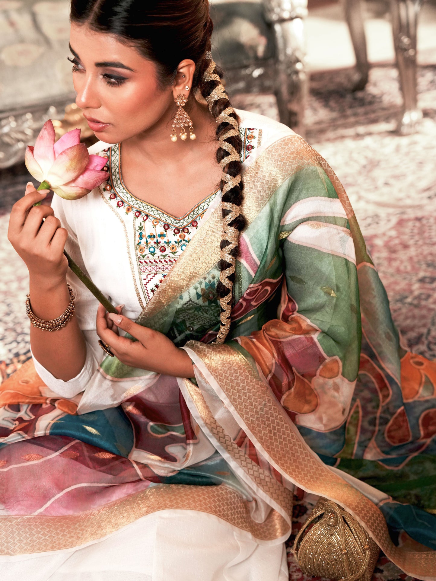 Embroidered Blended Silk Solid Straight White Kurta