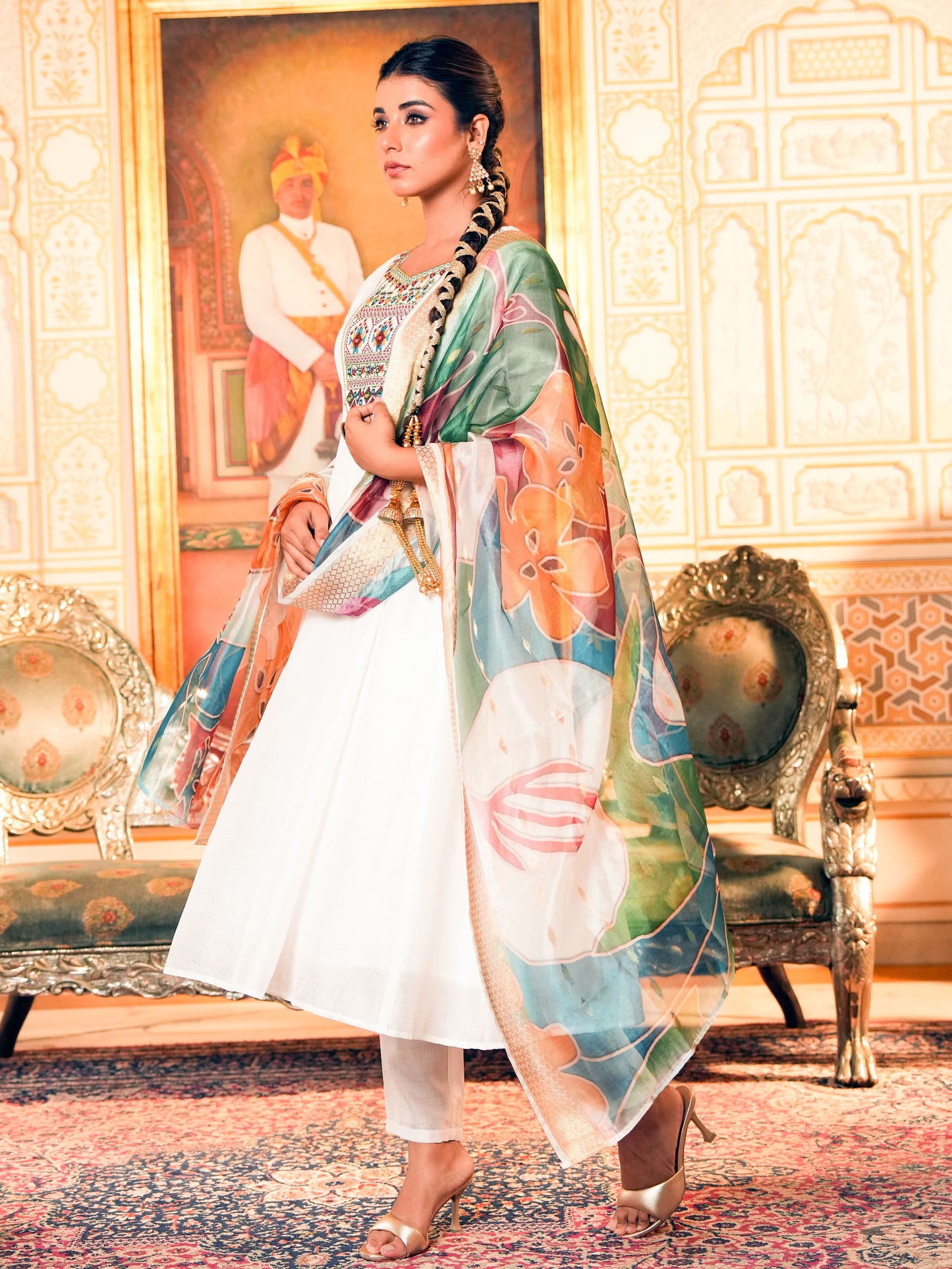 Embroidered Blended Silk Solid Straight White Kurta