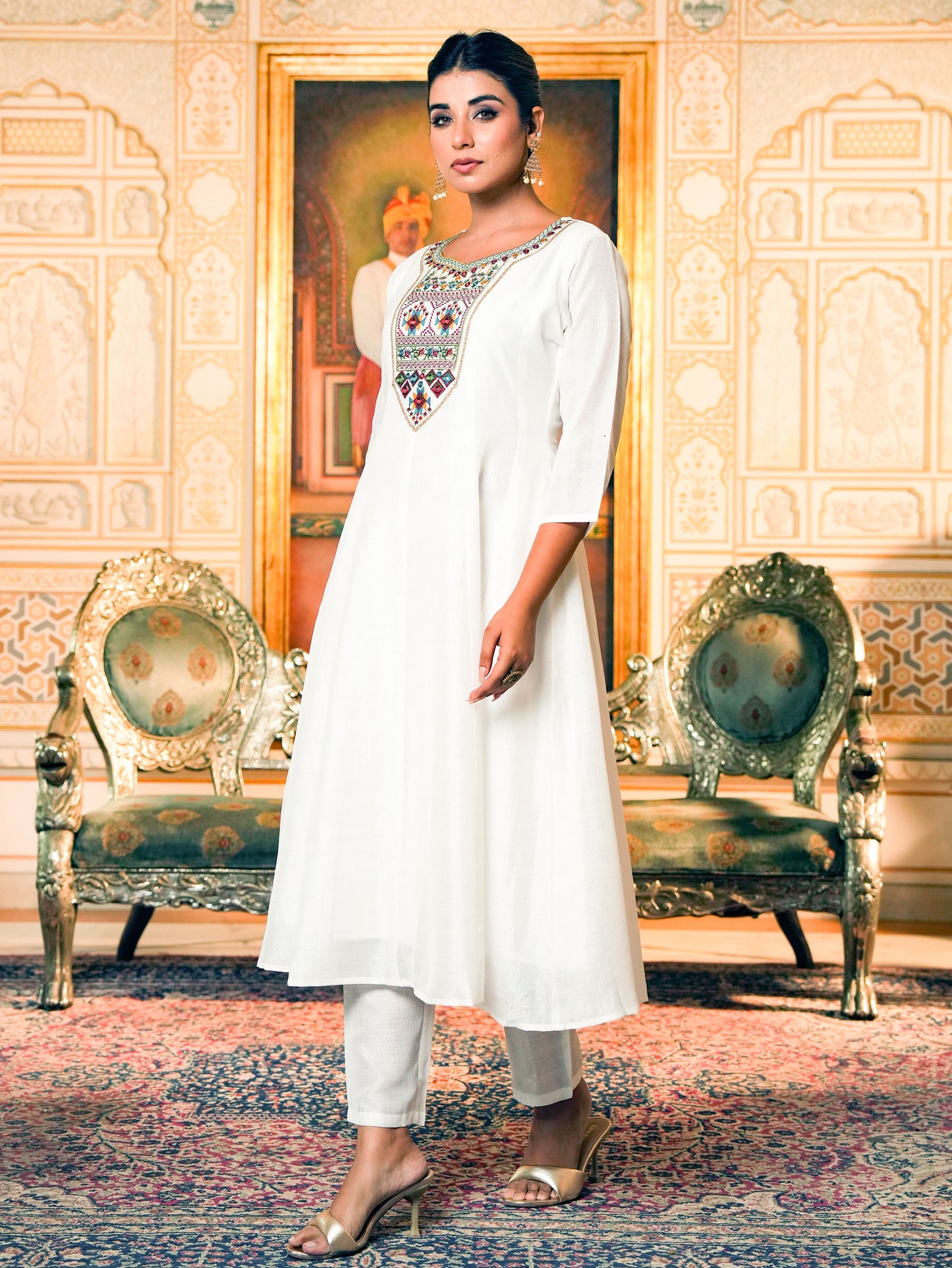 Embroidered Blended Silk Solid Straight White Kurta