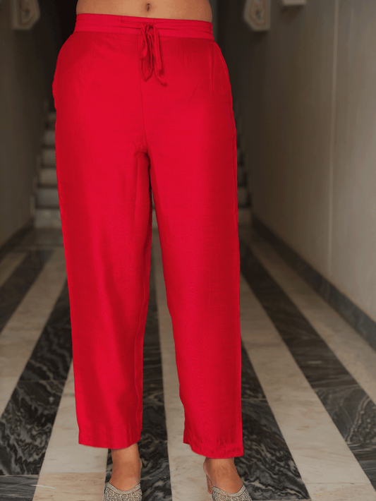 Blended Silk Solid Red Trousers