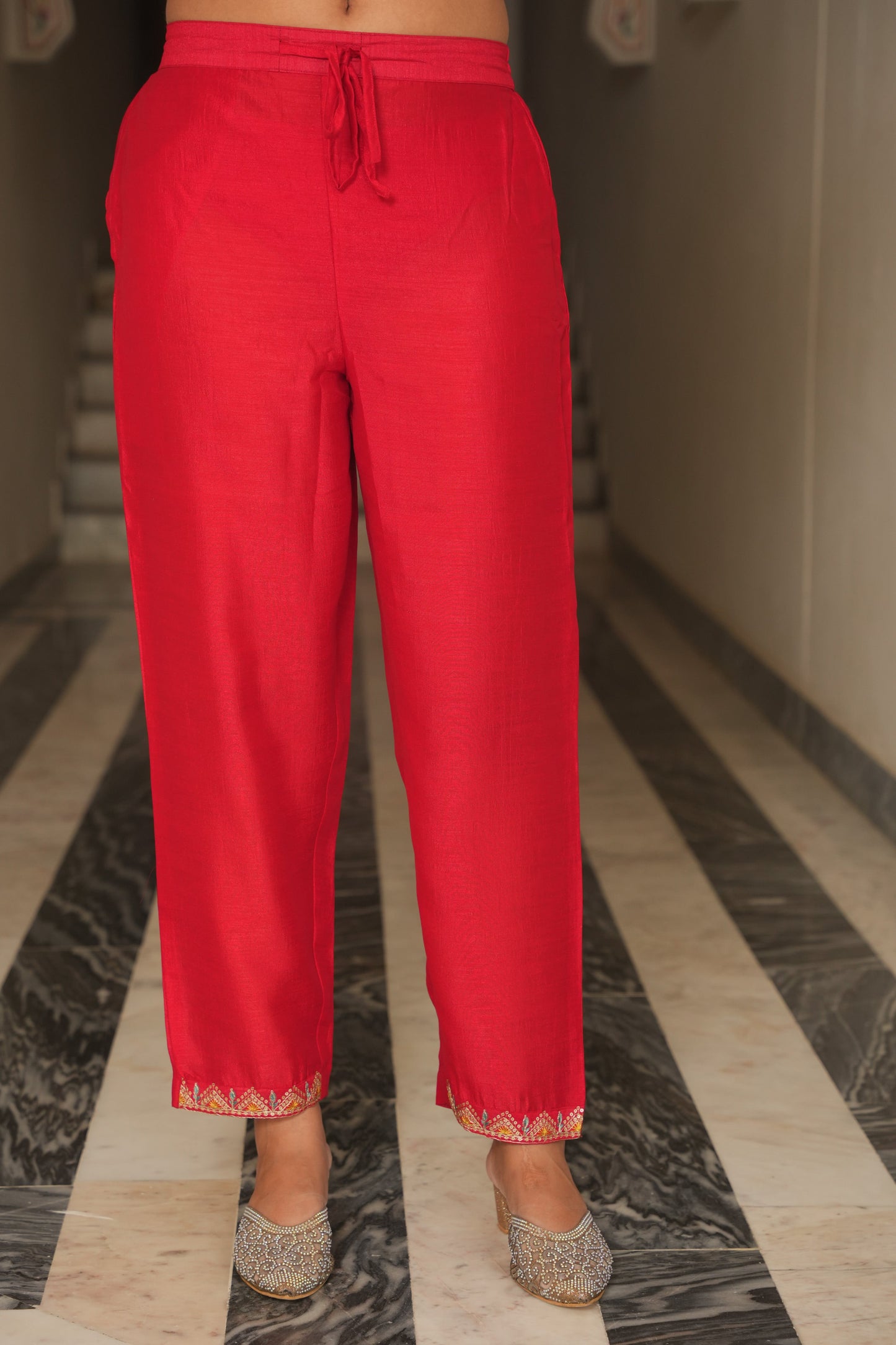Poly Silk Solid Red Trousers