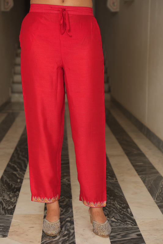 Poly Silk Solid Red Trousers