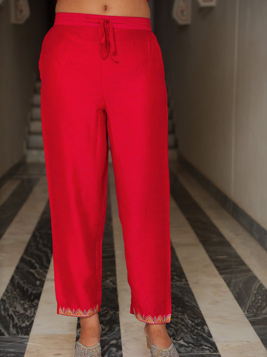 Blended Silk Solid Red Trousers