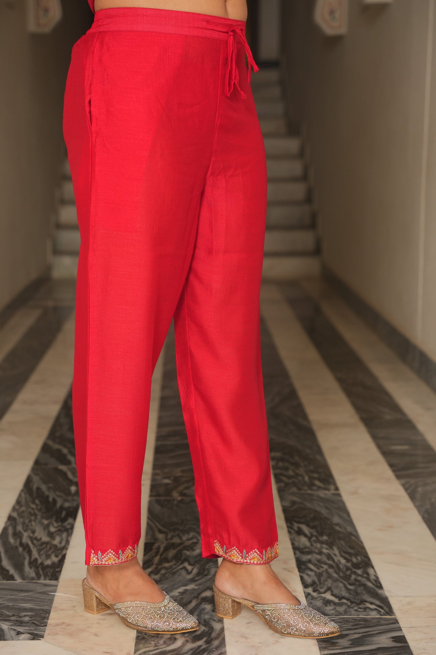 Poly Silk Solid Red Trousers