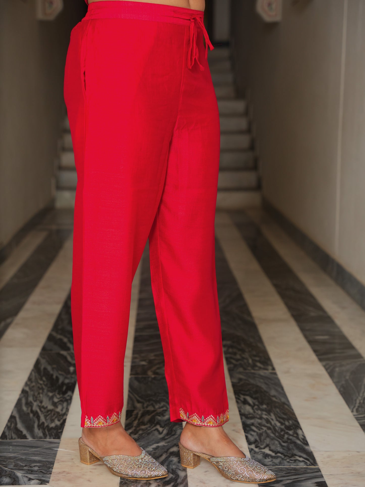 Blended Silk Solid Red Trousers