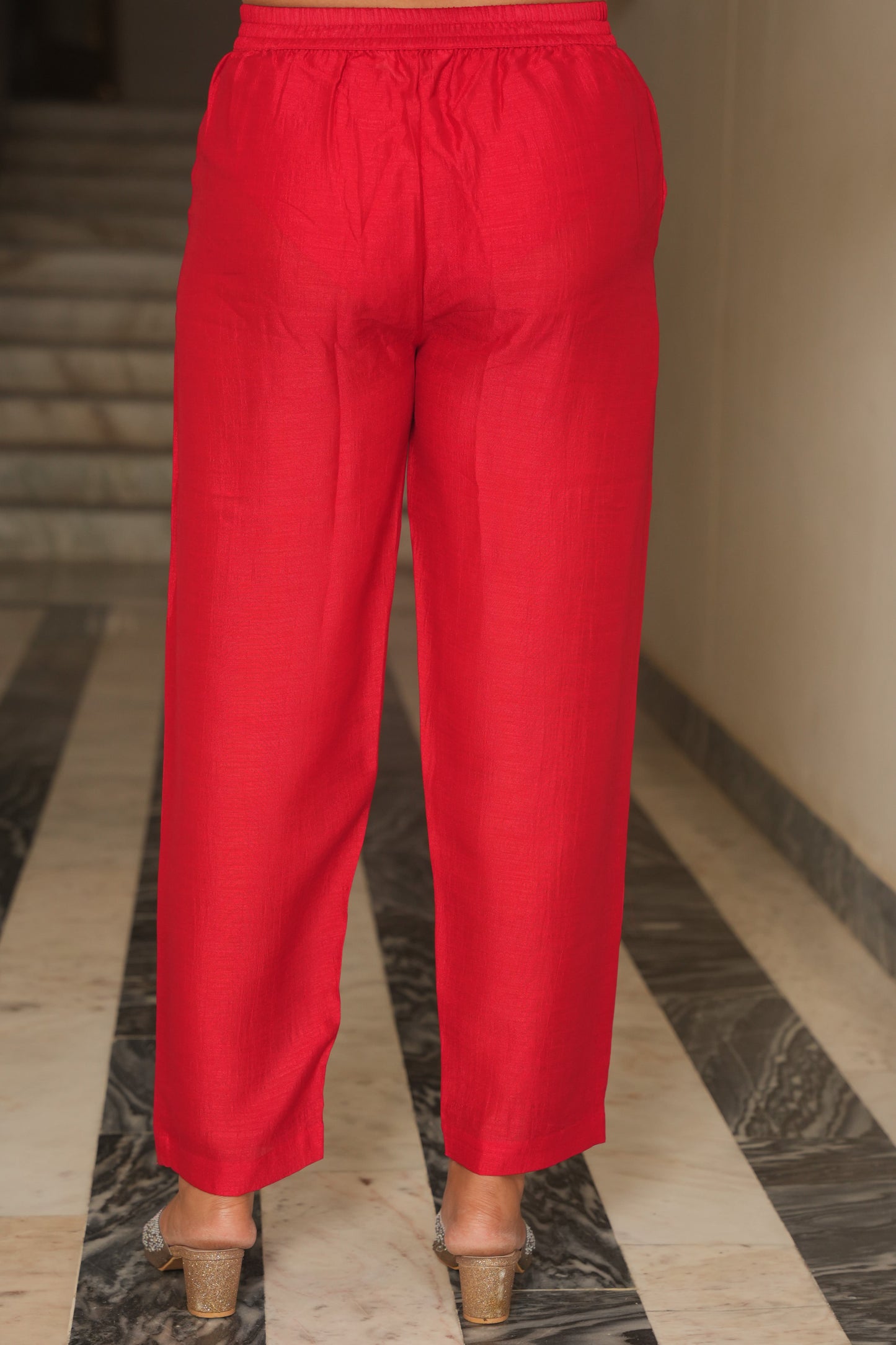 Poly Silk Solid Red Trousers