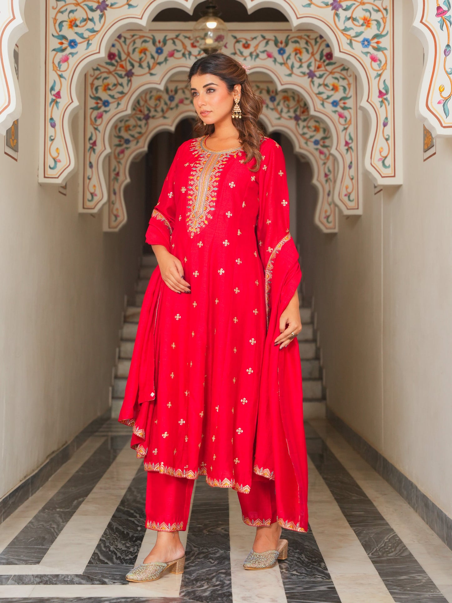 Embroidered Poly Silk Solid Red Kurta