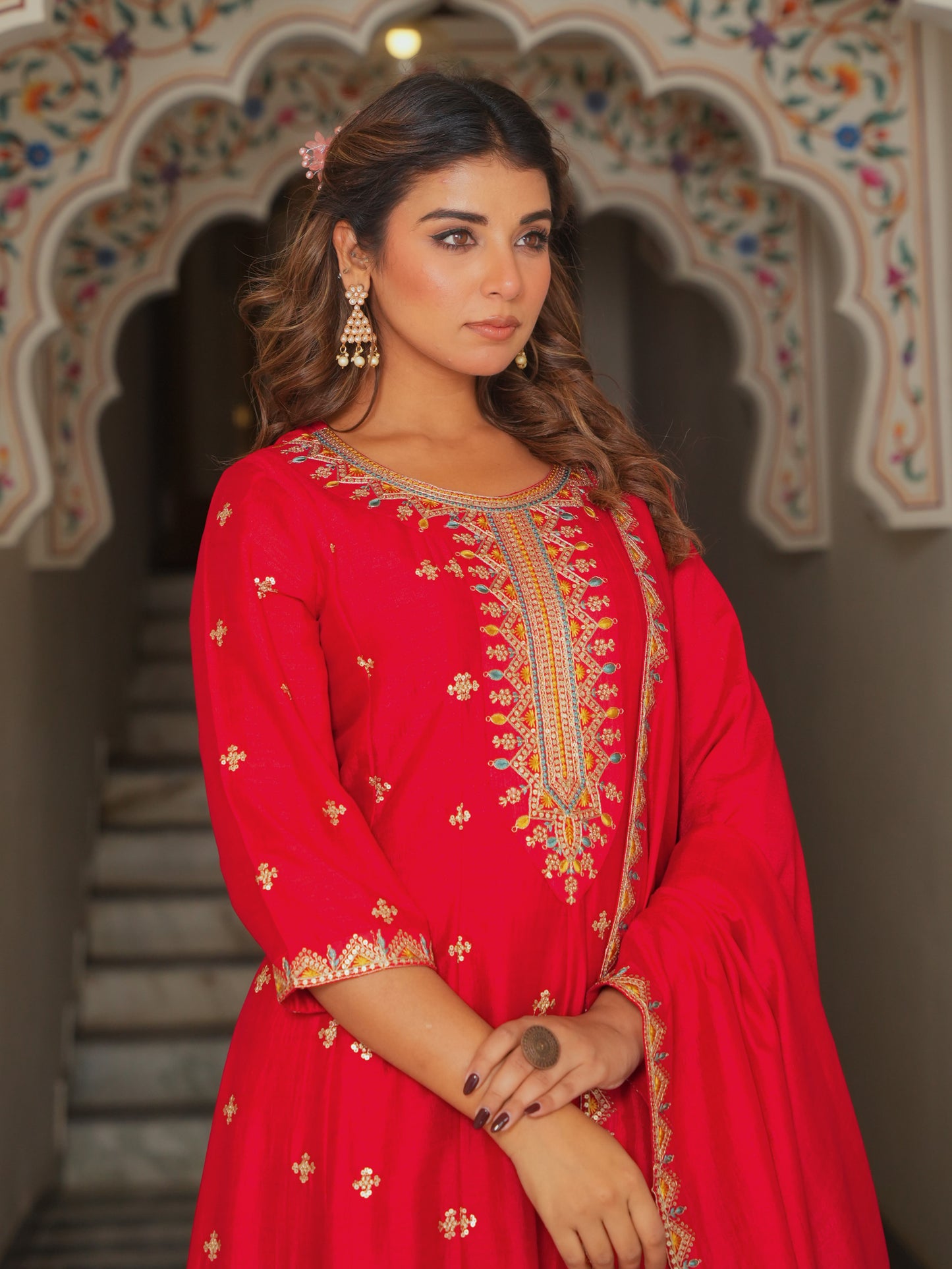 Embroidered Blended Silk Solid Anarkali Red Kurta