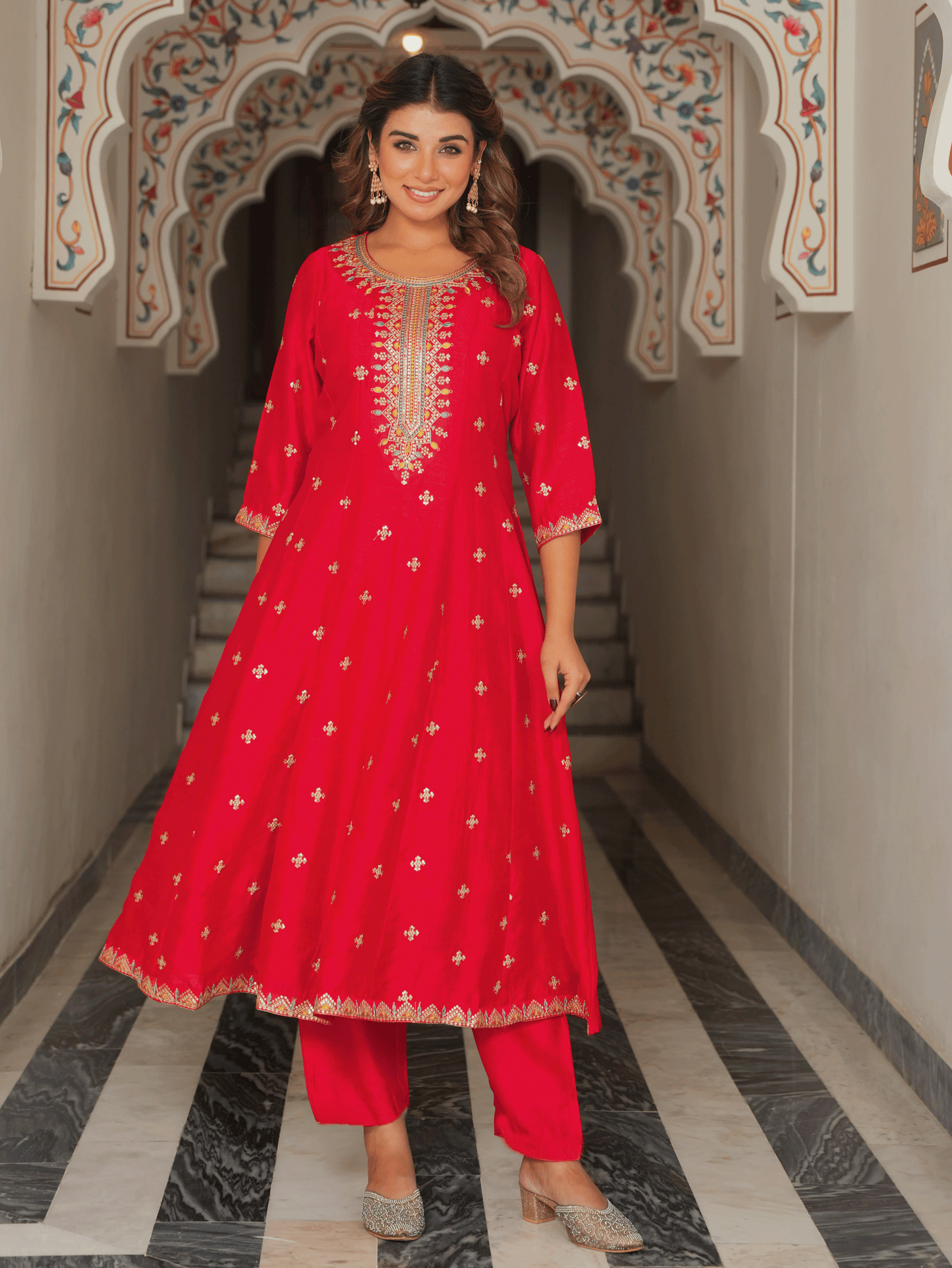 Embroidered Blended Silk Solid Anarkali Red Kurta