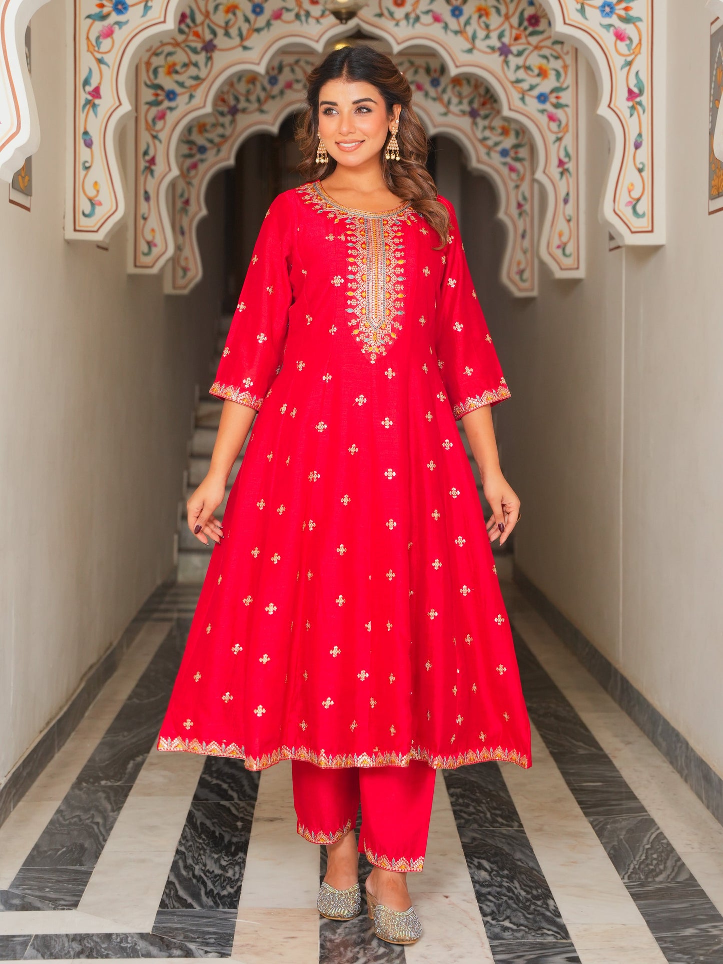 Embroidered Poly Silk Solid Red Kurta
