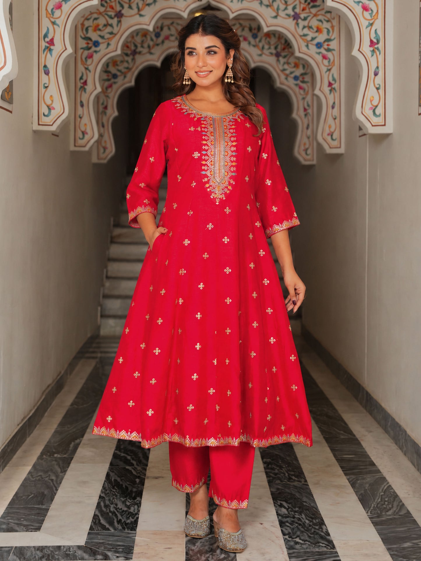 Embroidered Blended Silk Solid Anarkali Red Kurta