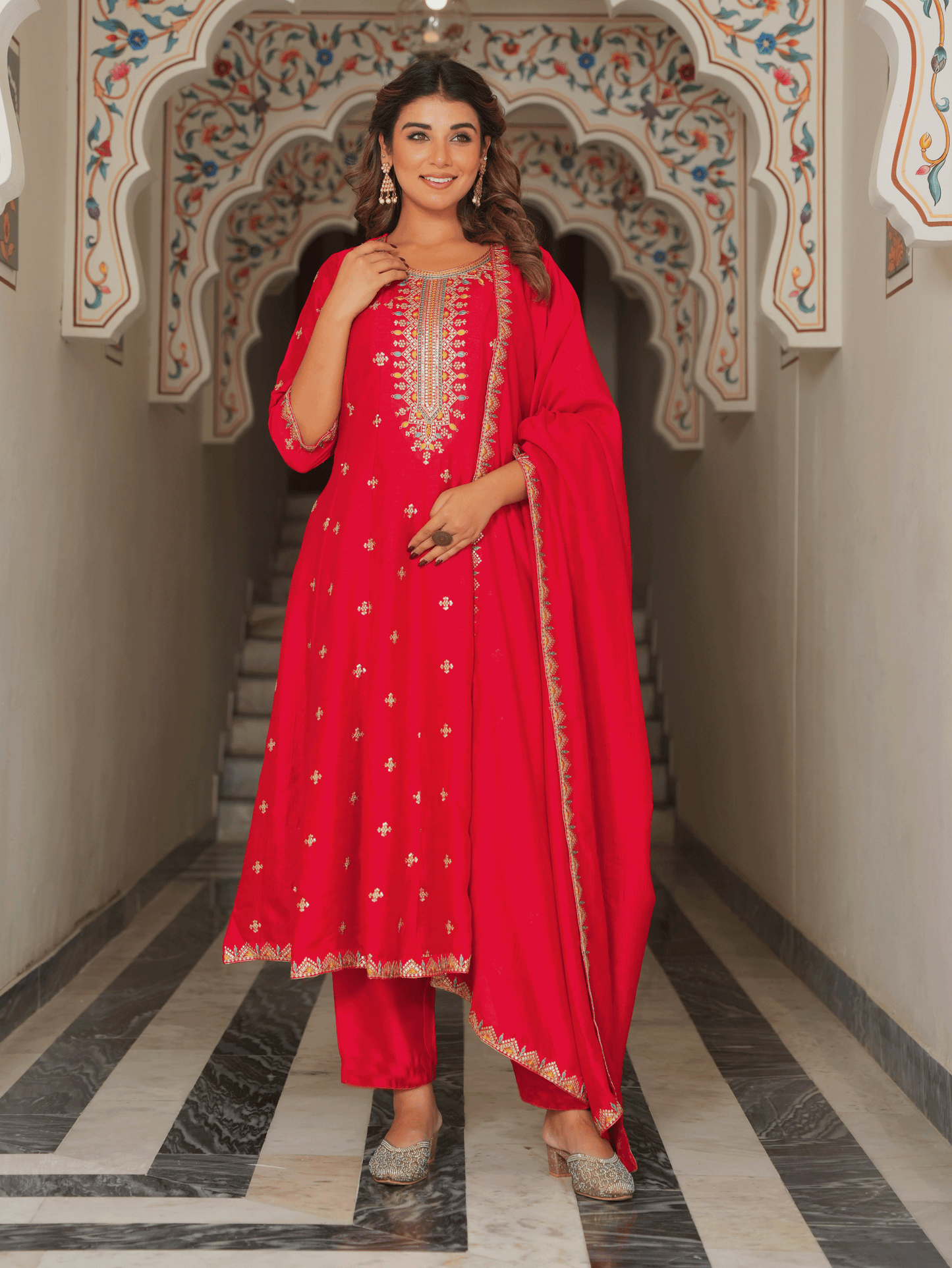 Embroidered Blended Silk Solid Anarkali Red Kurta