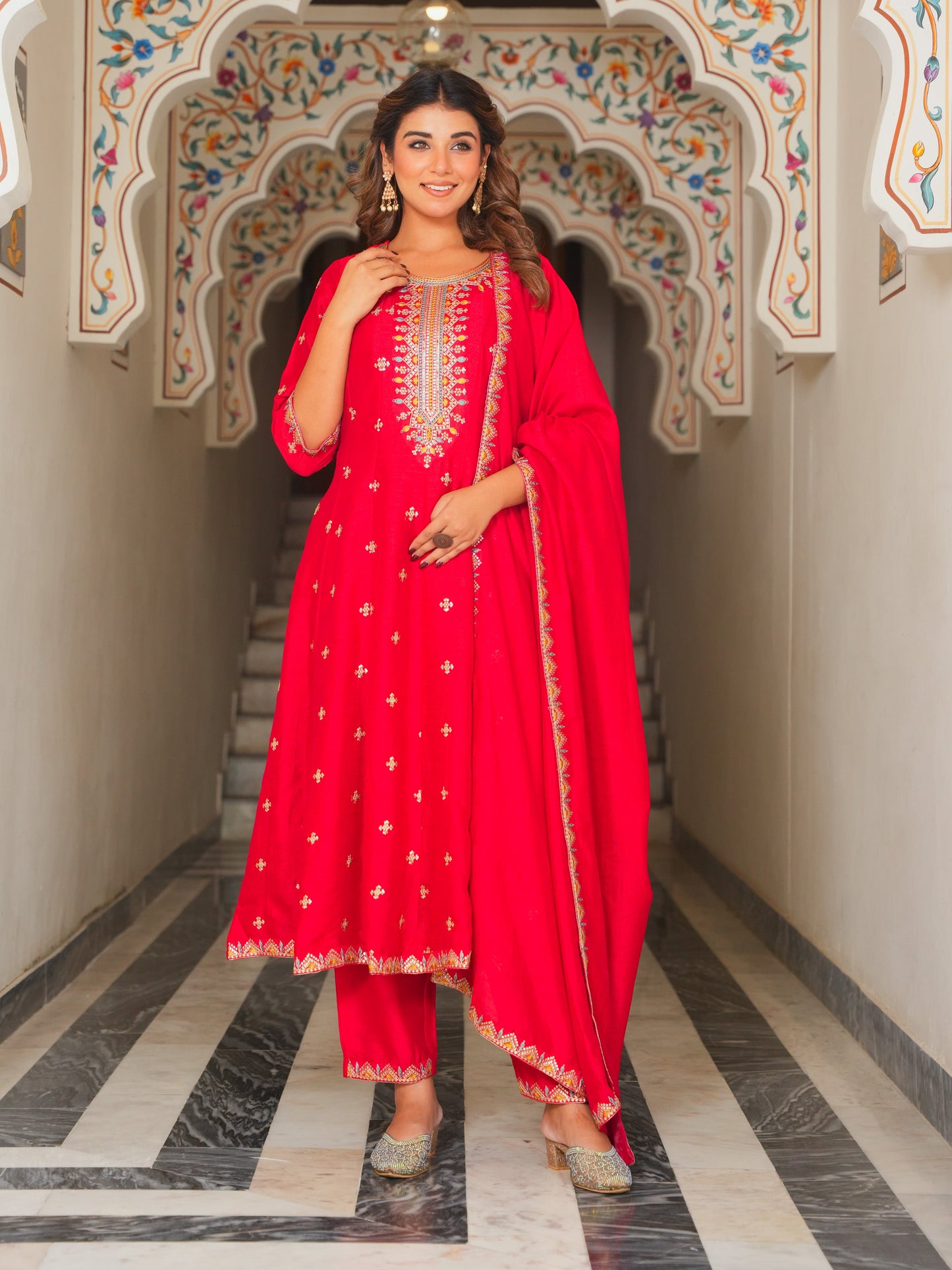 Embroidered Poly Silk Solid Red Kurta