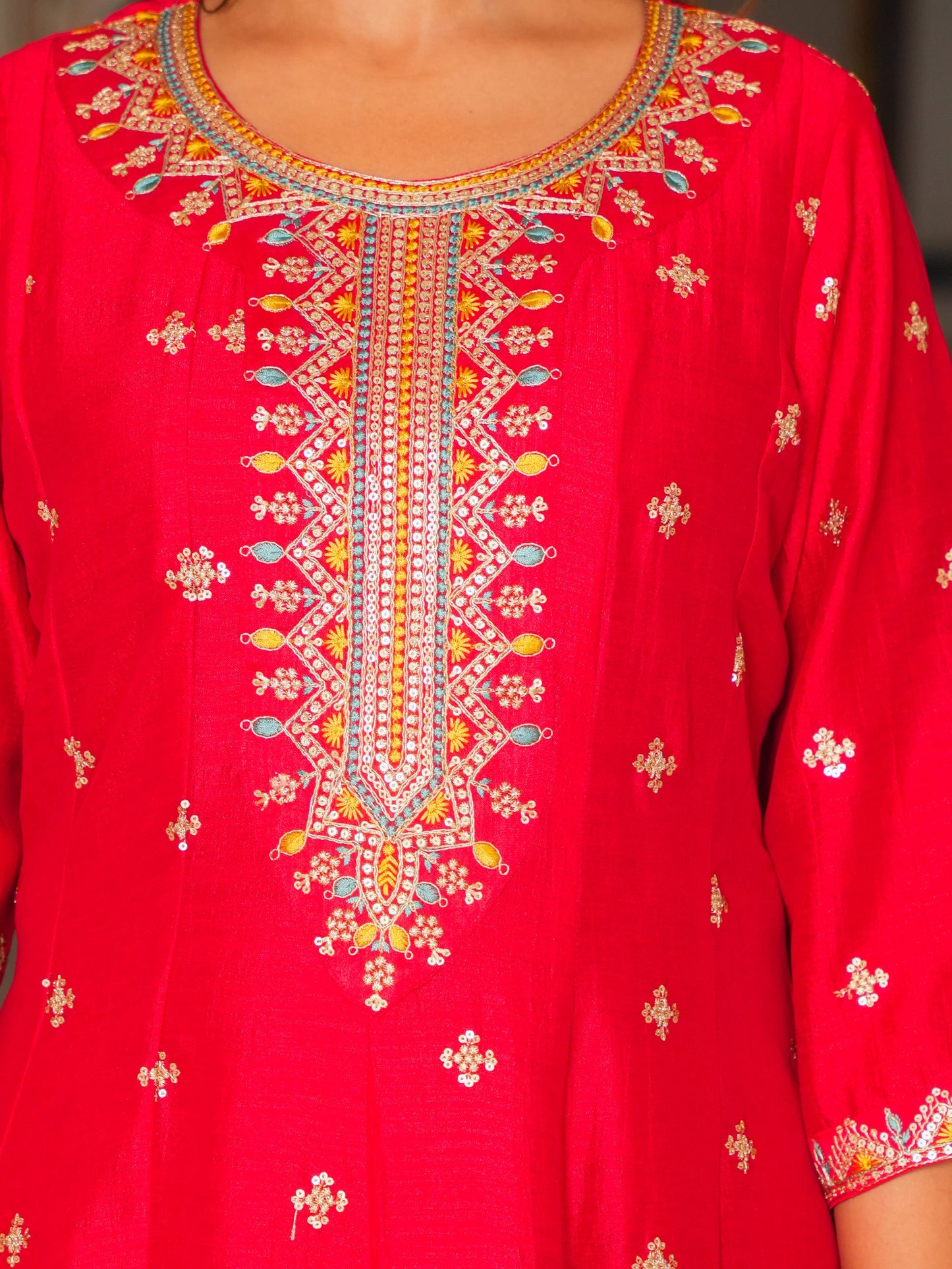 Embroidered Poly Silk Solid Red Kurta