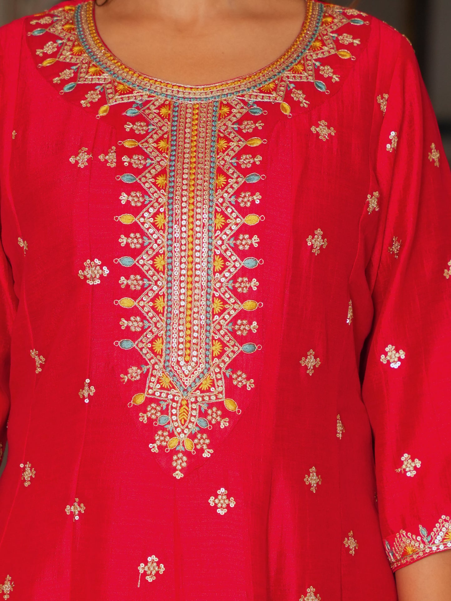 Embroidered Blended Silk Solid Anarkali Red Kurta