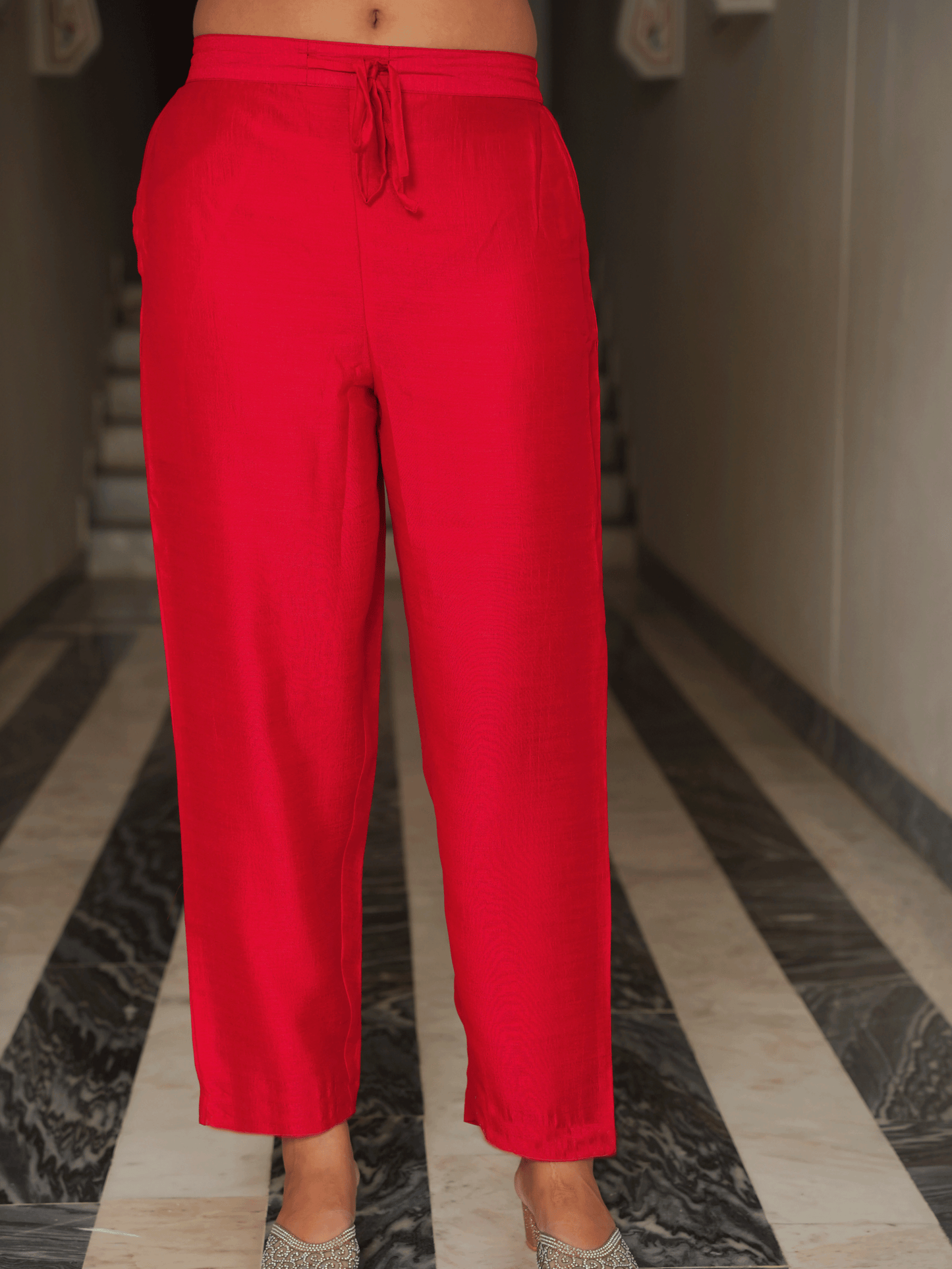 Embroidered Blended Silk Solid Anarkali Red Kurta