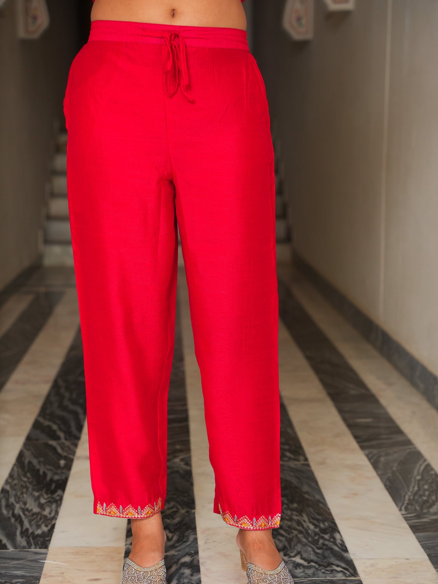 Embroidered Poly Silk Solid Red Kurta