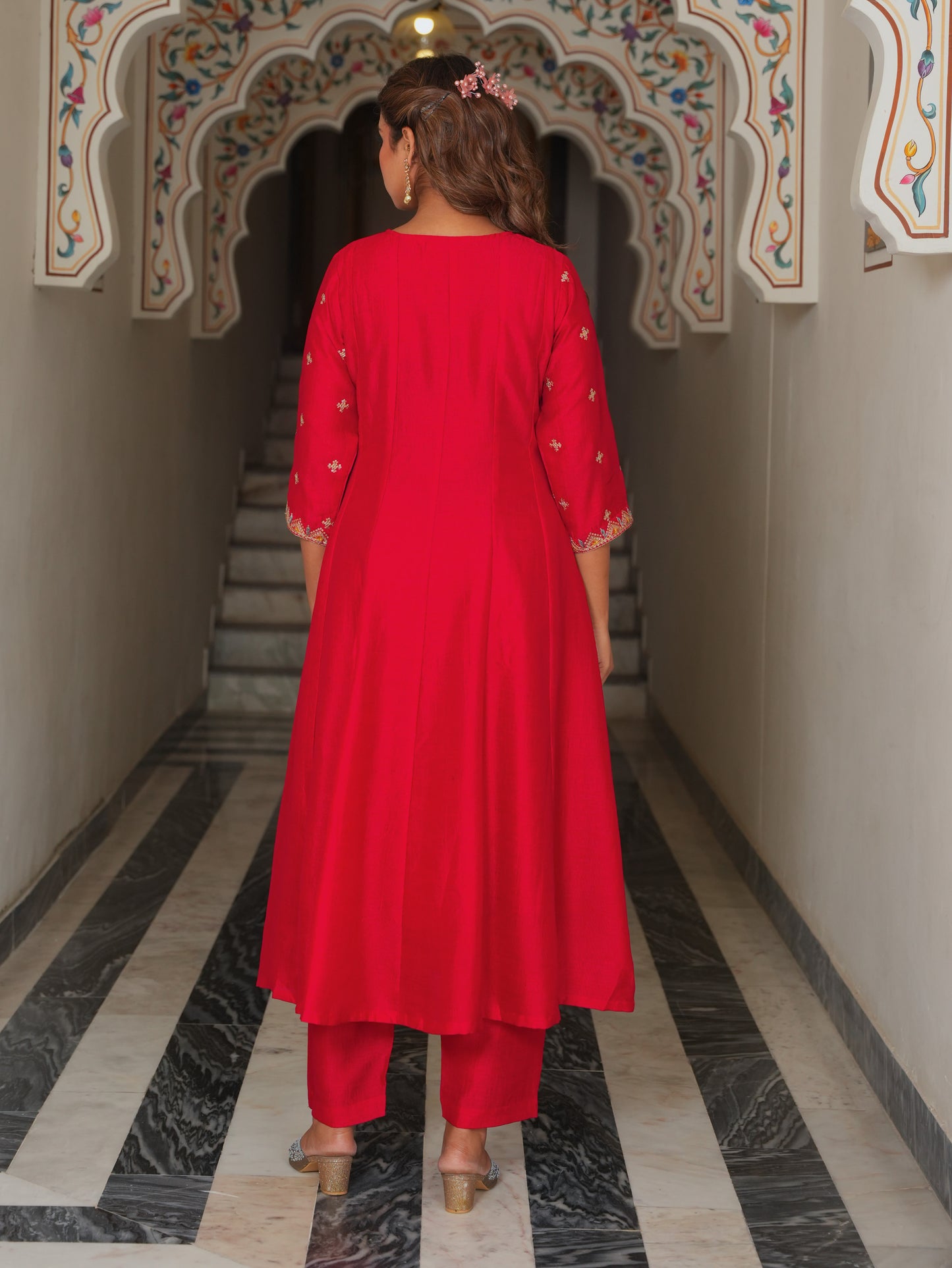 Embroidered Blended Silk Solid Anarkali Red Kurta