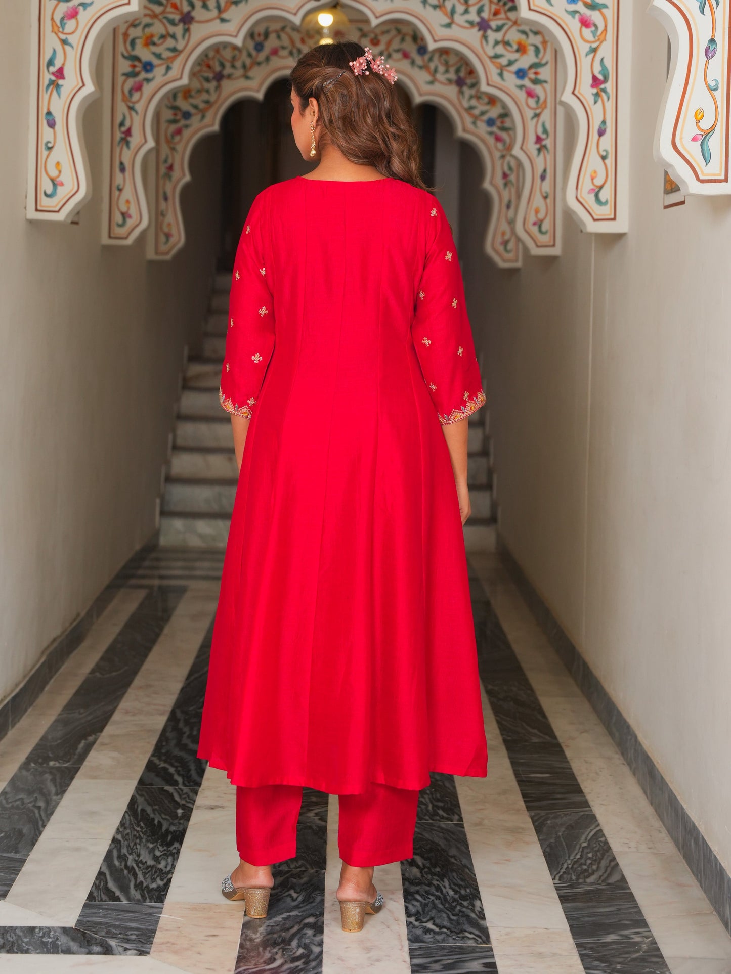 Embroidered Poly Silk Solid Red Kurta