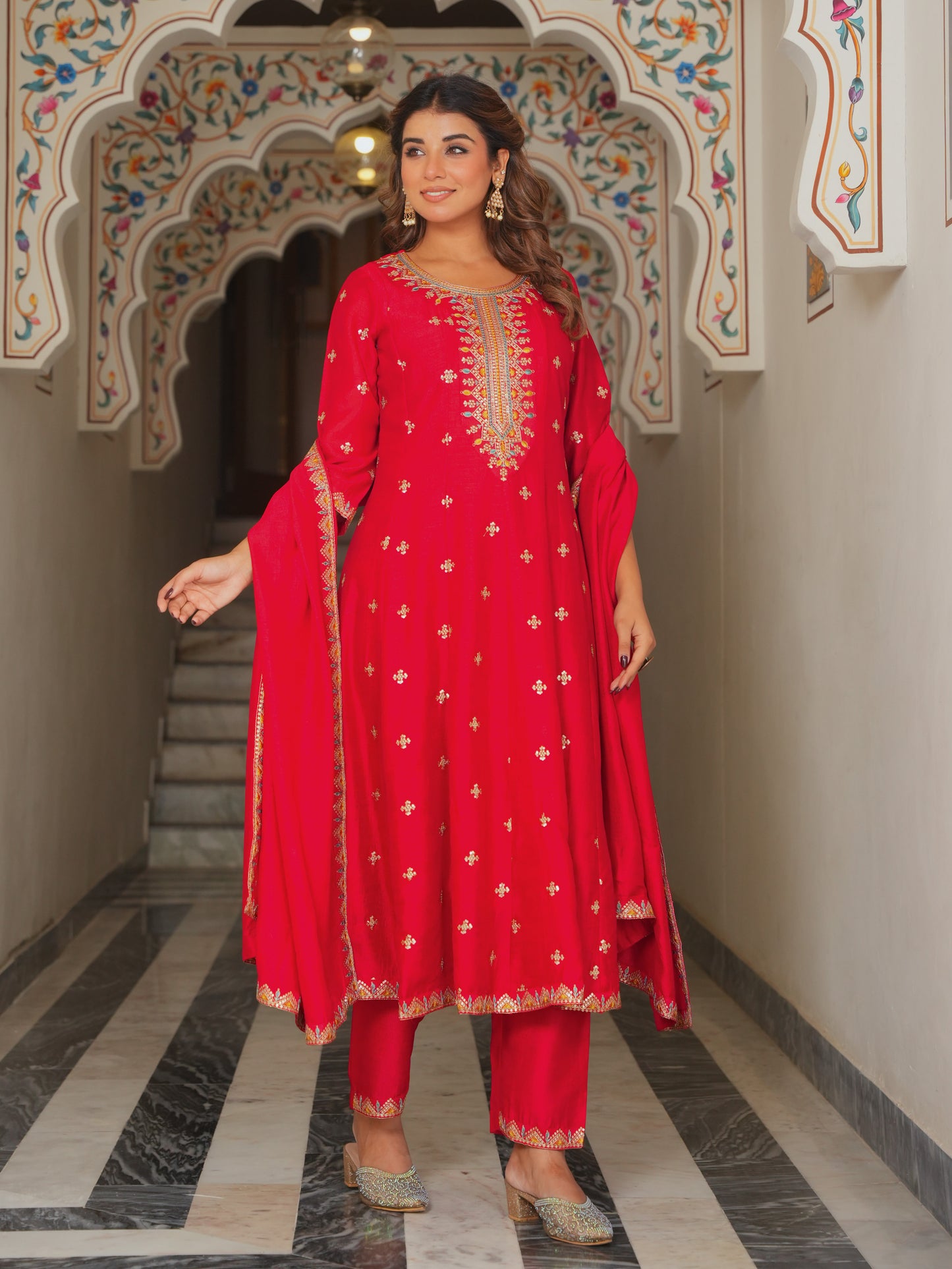 Embroidered Blended Silk Solid Anarkali Red Kurta